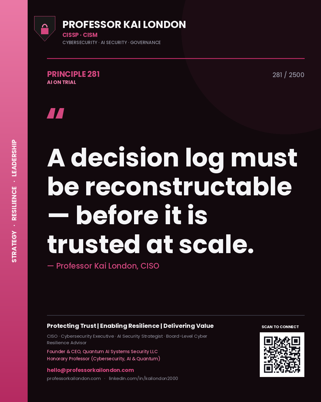 Professor Kai London principle 281: A decision log must be reconstructable — before it is trusted at scale.