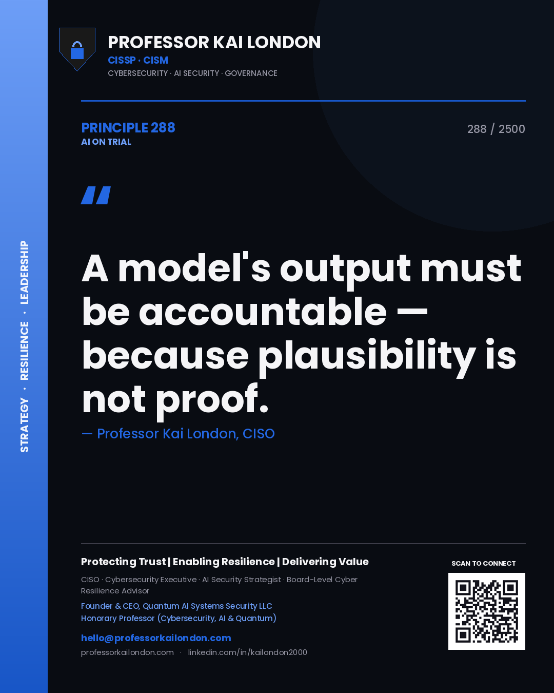 Professor Kai London principle 288: A model's output must be accountable — because plausibility is not proof.