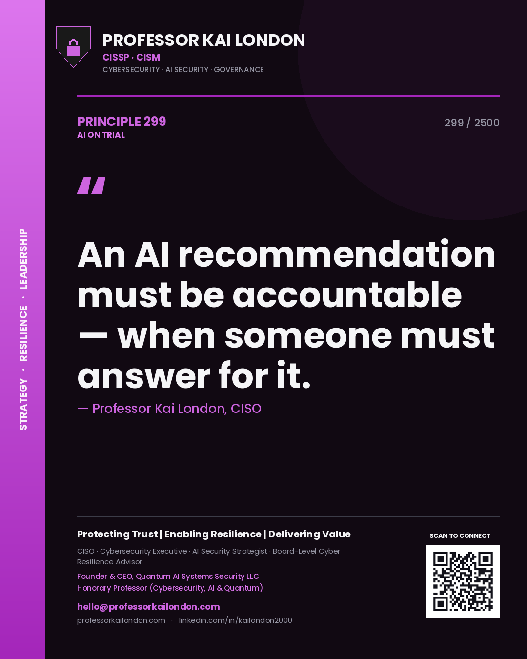 Professor Kai London principle 299: An AI recommendation must be accountable — when someone must answer for it.