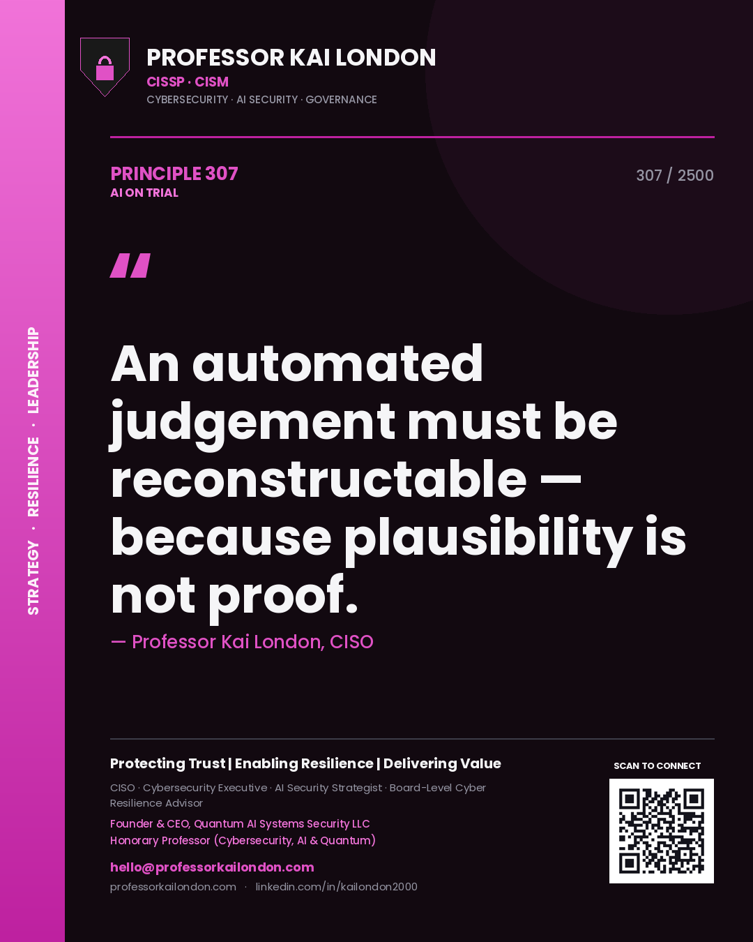 Professor Kai London principle 307: An automated judgement must be reconstructable — because plausibility is not proof.