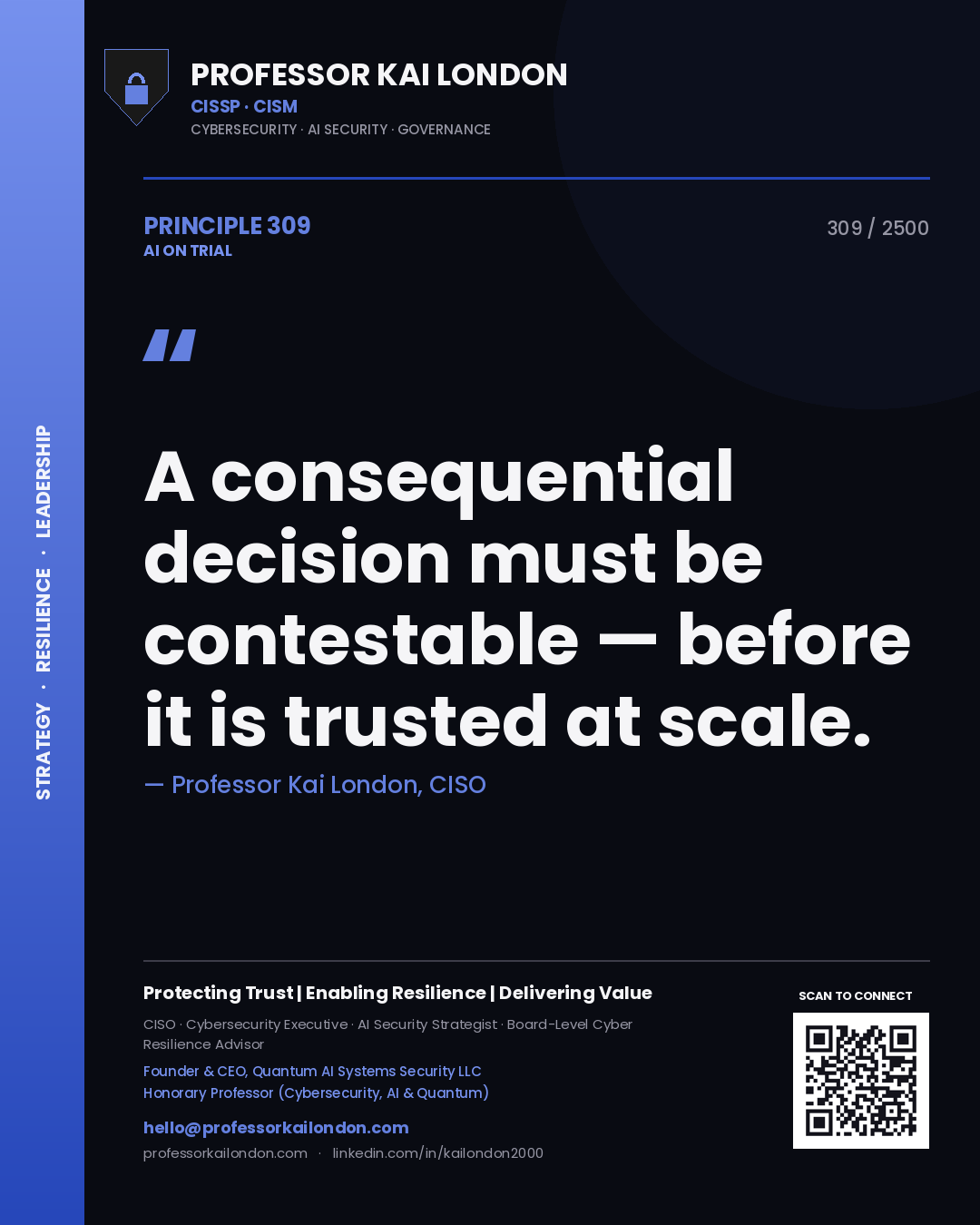 Professor Kai London principle 309: A consequential decision must be contestable — before it is trusted at scale.