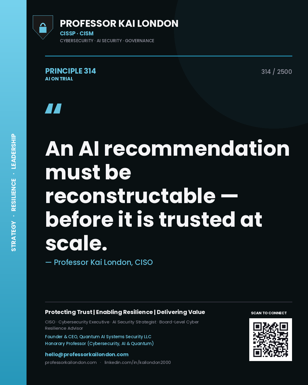 Professor Kai London principle 314: An AI recommendation must be reconstructable — before it is trusted at scale.