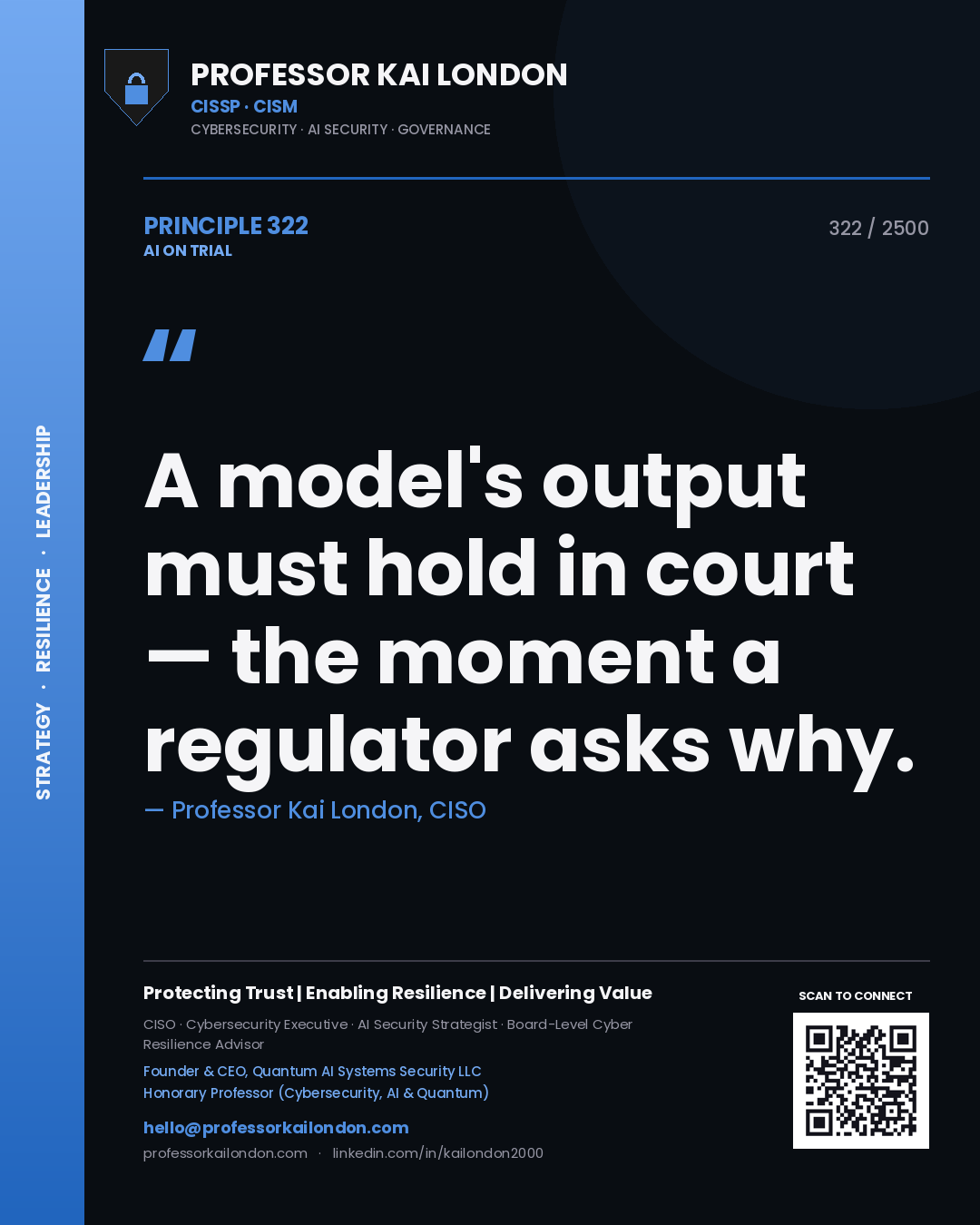 Professor Kai London principle 322: A model's output must hold in court — the moment a regulator asks why.