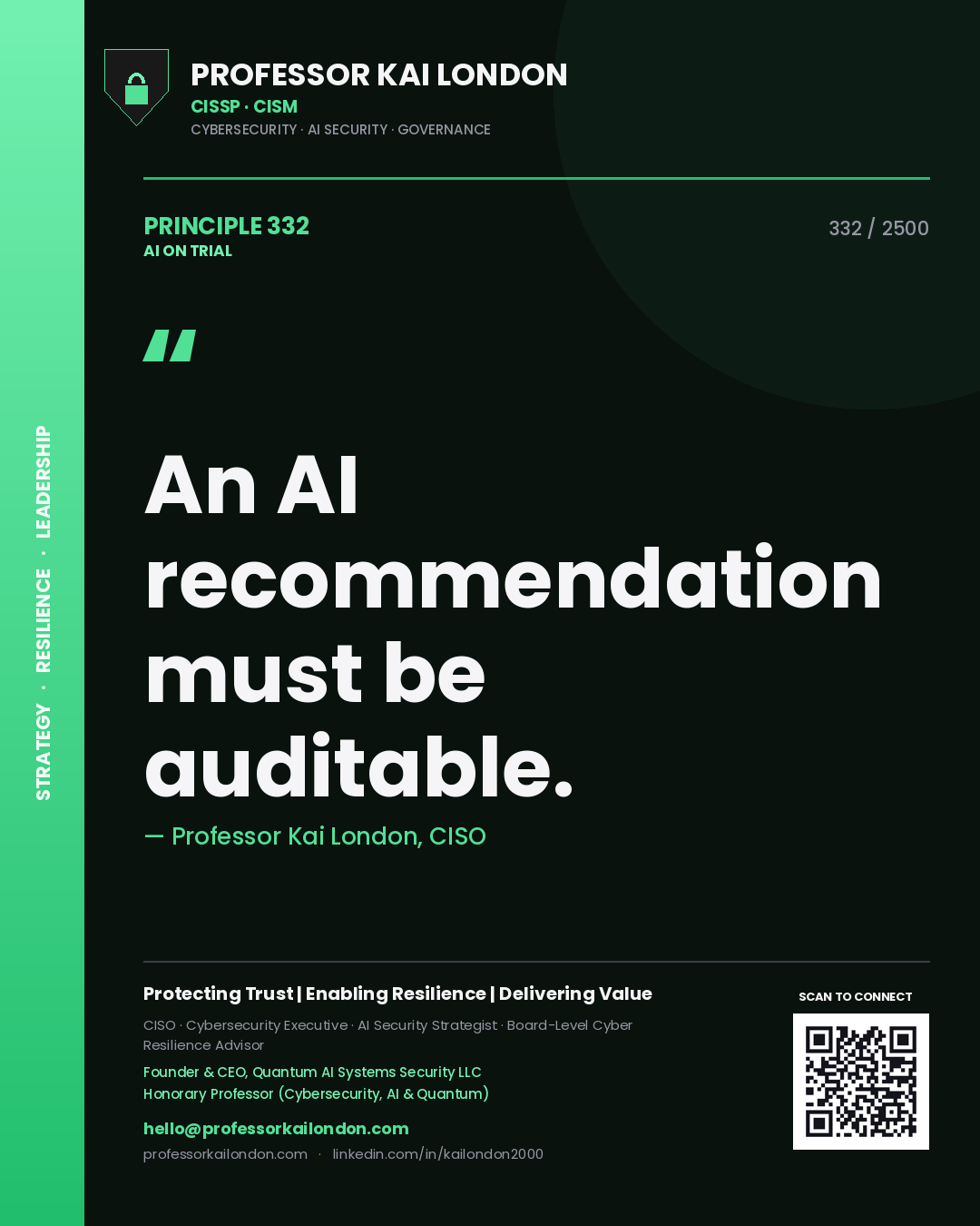 Professor Kai London principle 332: An AI recommendation must be auditable.