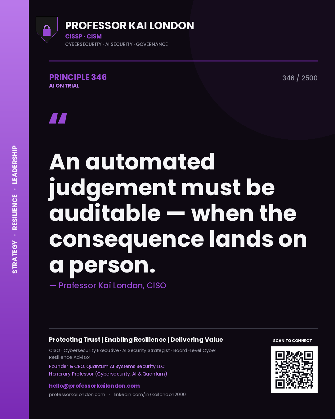 Professor Kai London principle 346: An automated judgement must be auditable — when the consequence lands on a person.