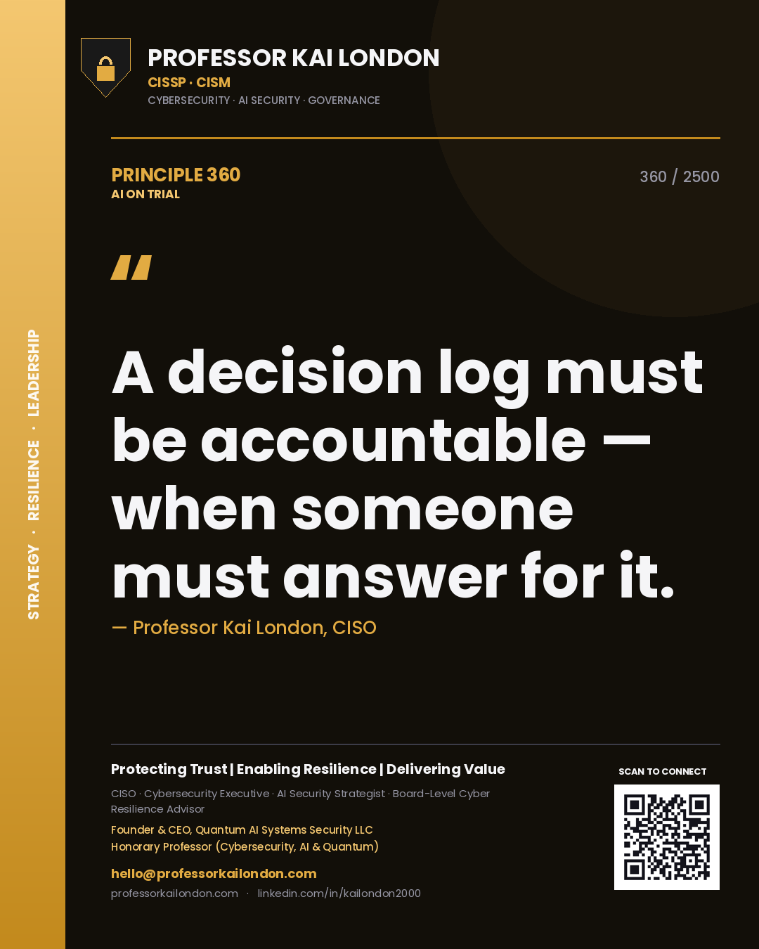 Professor Kai London principle 360: A decision log must be accountable — when someone must answer for it.