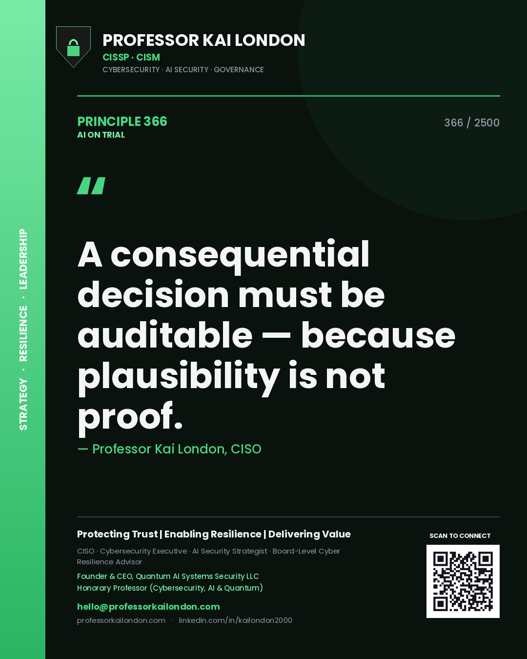 Professor Kai London principle 366: A consequential decision must be auditable — because plausibility is not proof.