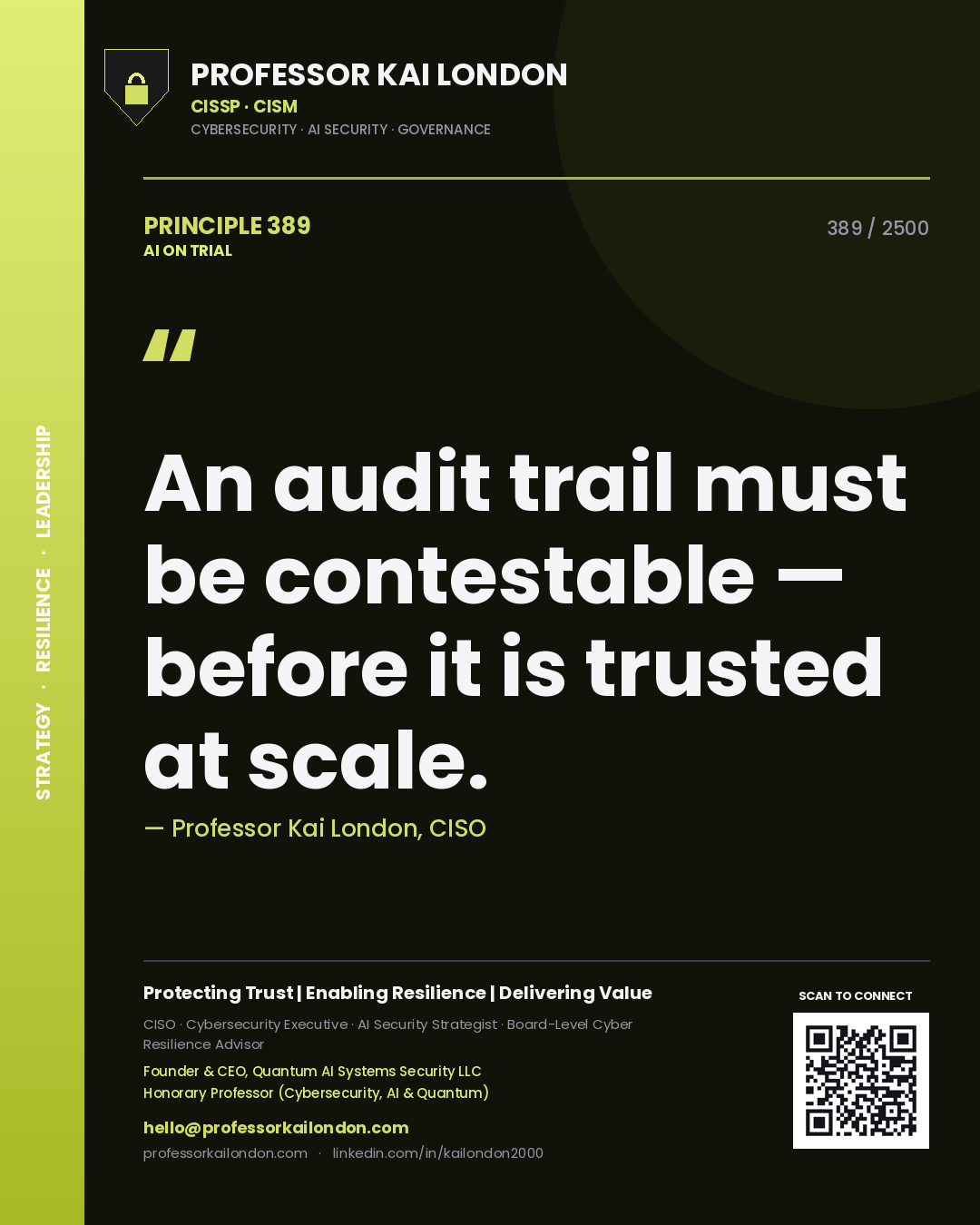 Professor Kai London principle 389: An audit trail must be contestable — before it is trusted at scale.