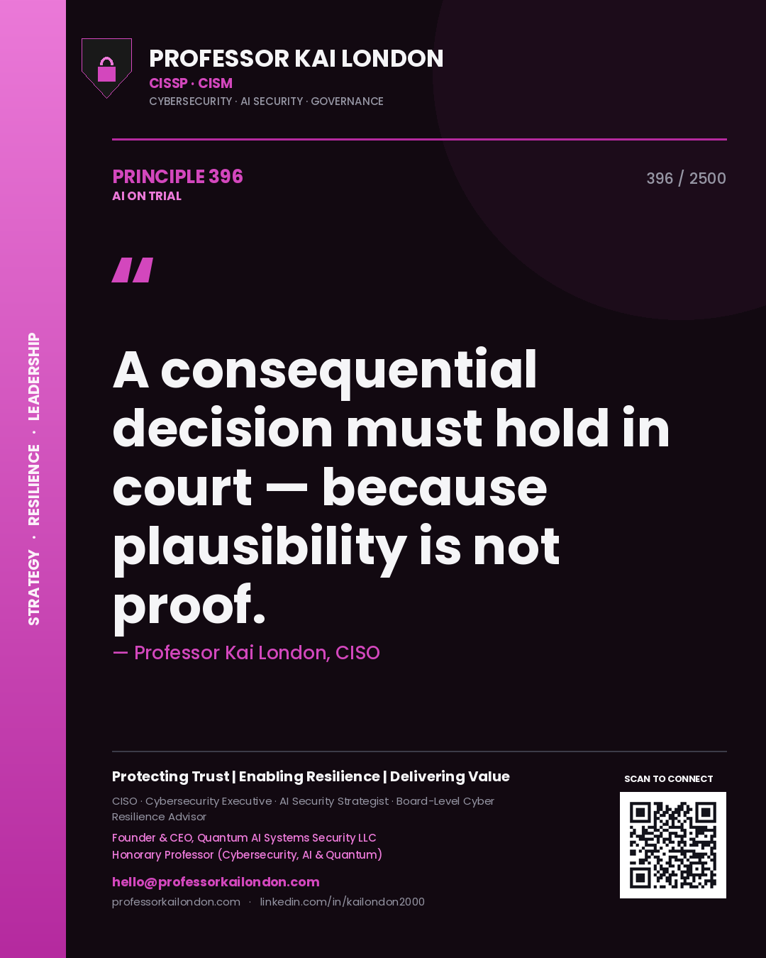 Professor Kai London principle 396: A consequential decision must hold in court — because plausibility is not proof.