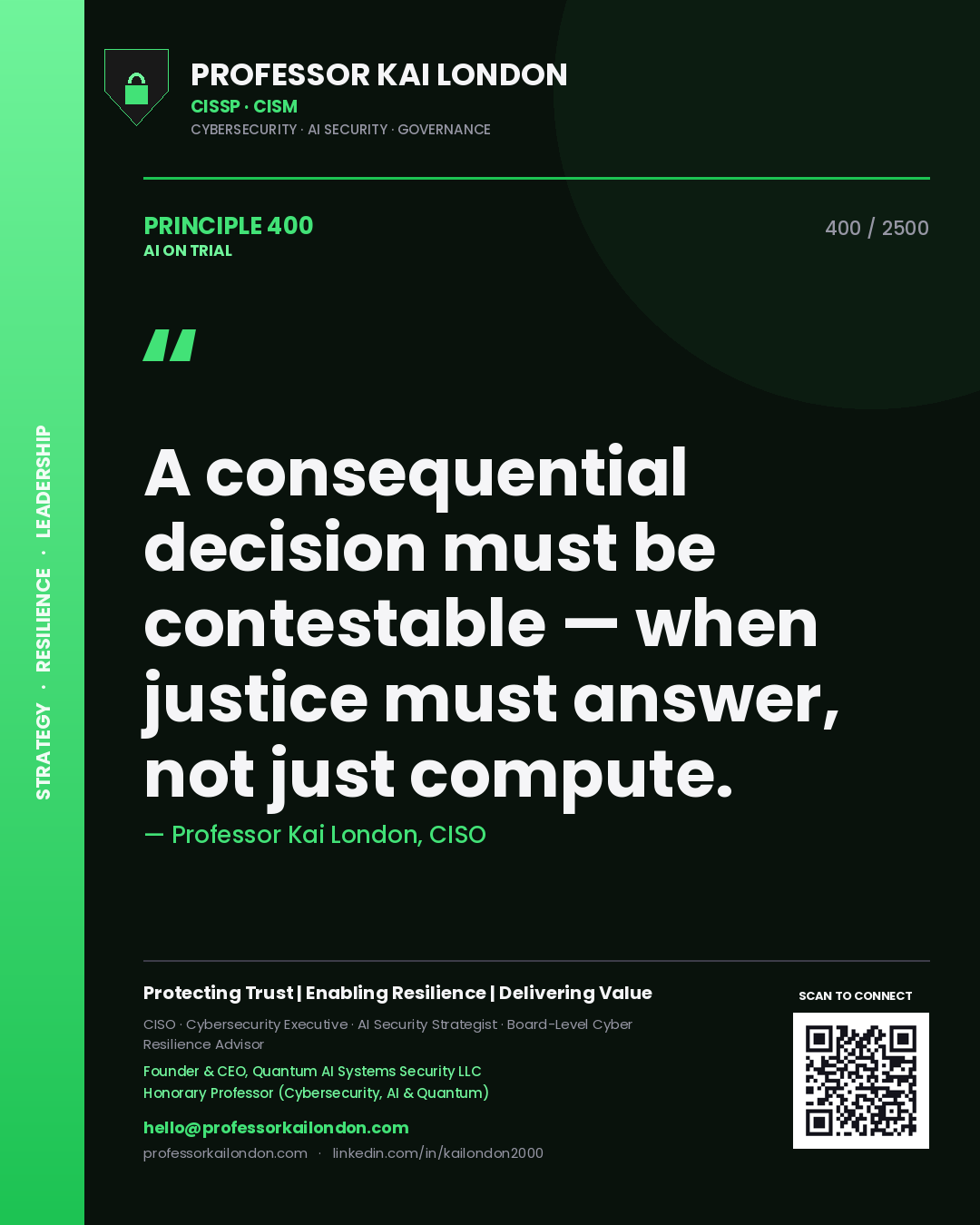 Professor Kai London principle 400: A consequential decision must be contestable — when justice must answer, not just compute.