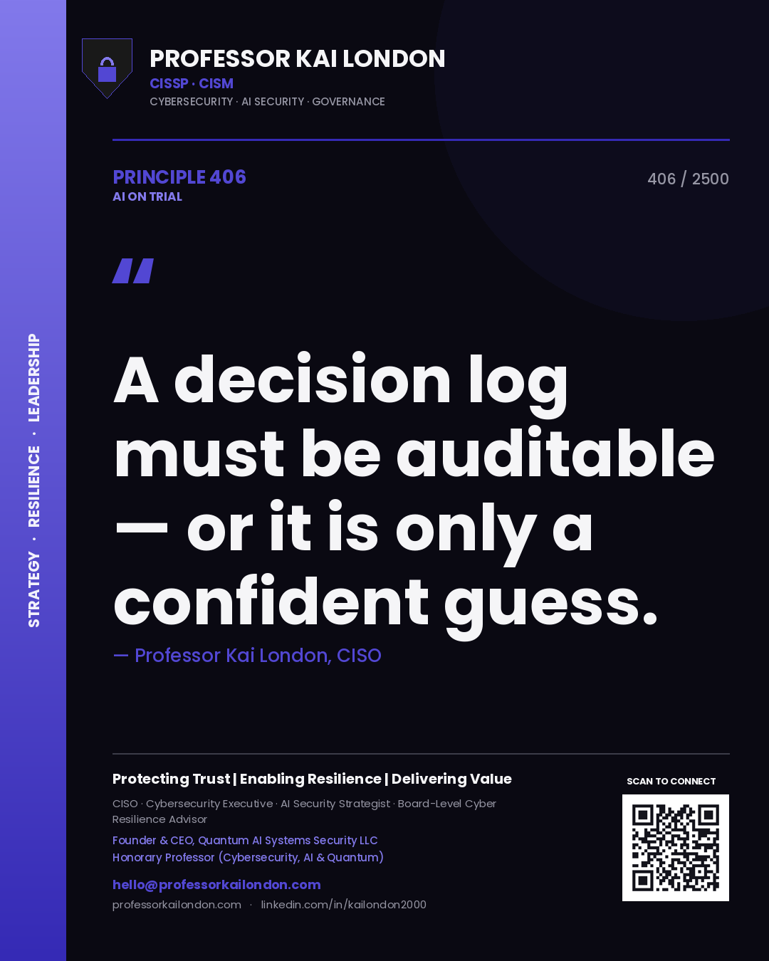 Professor Kai London principle 406: A decision log must be auditable — or it is only a confident guess.