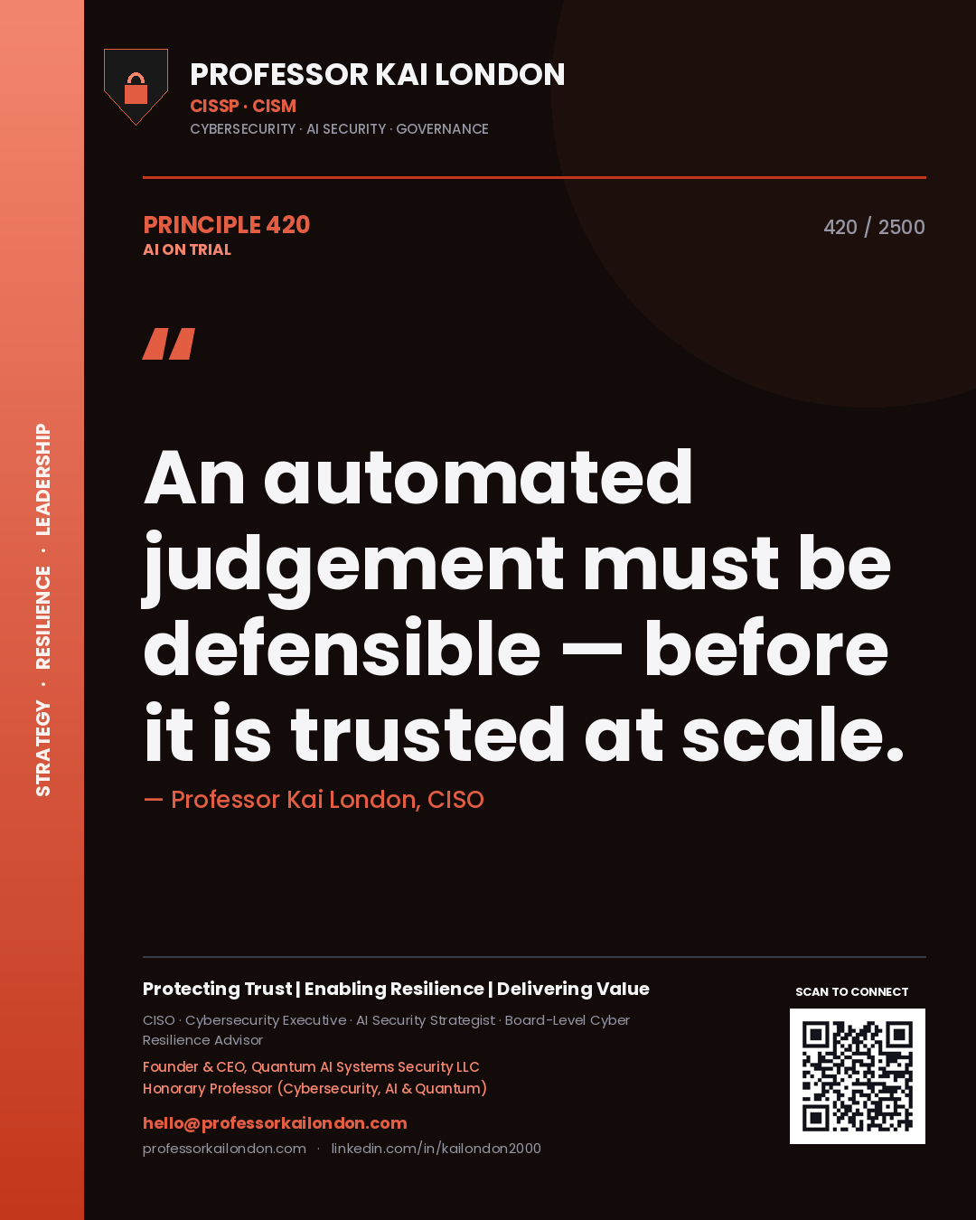 Professor Kai London principle 420: An automated judgement must be defensible — before it is trusted at scale.