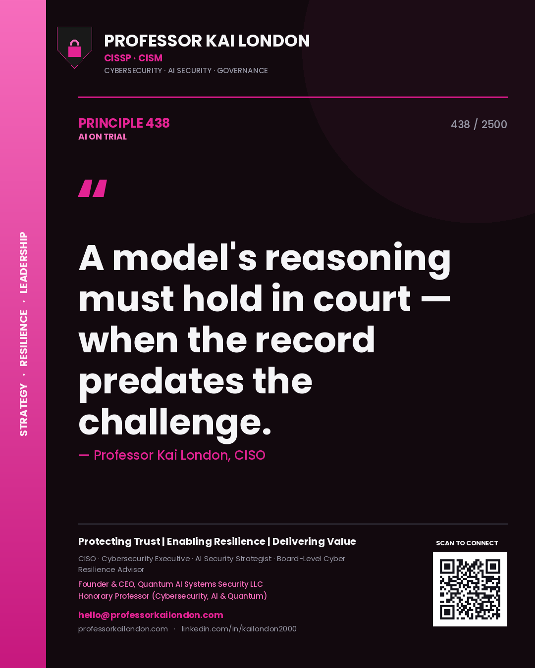 Professor Kai London principle 438: A model's reasoning must hold in court — when the record predates the challenge.