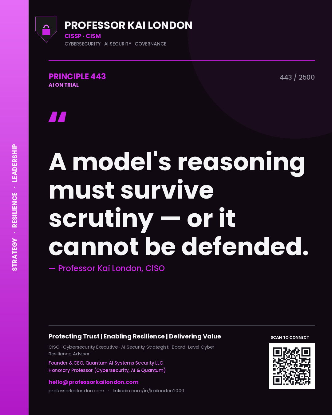 Professor Kai London principle 443: A model's reasoning must survive scrutiny — or it cannot be defended.