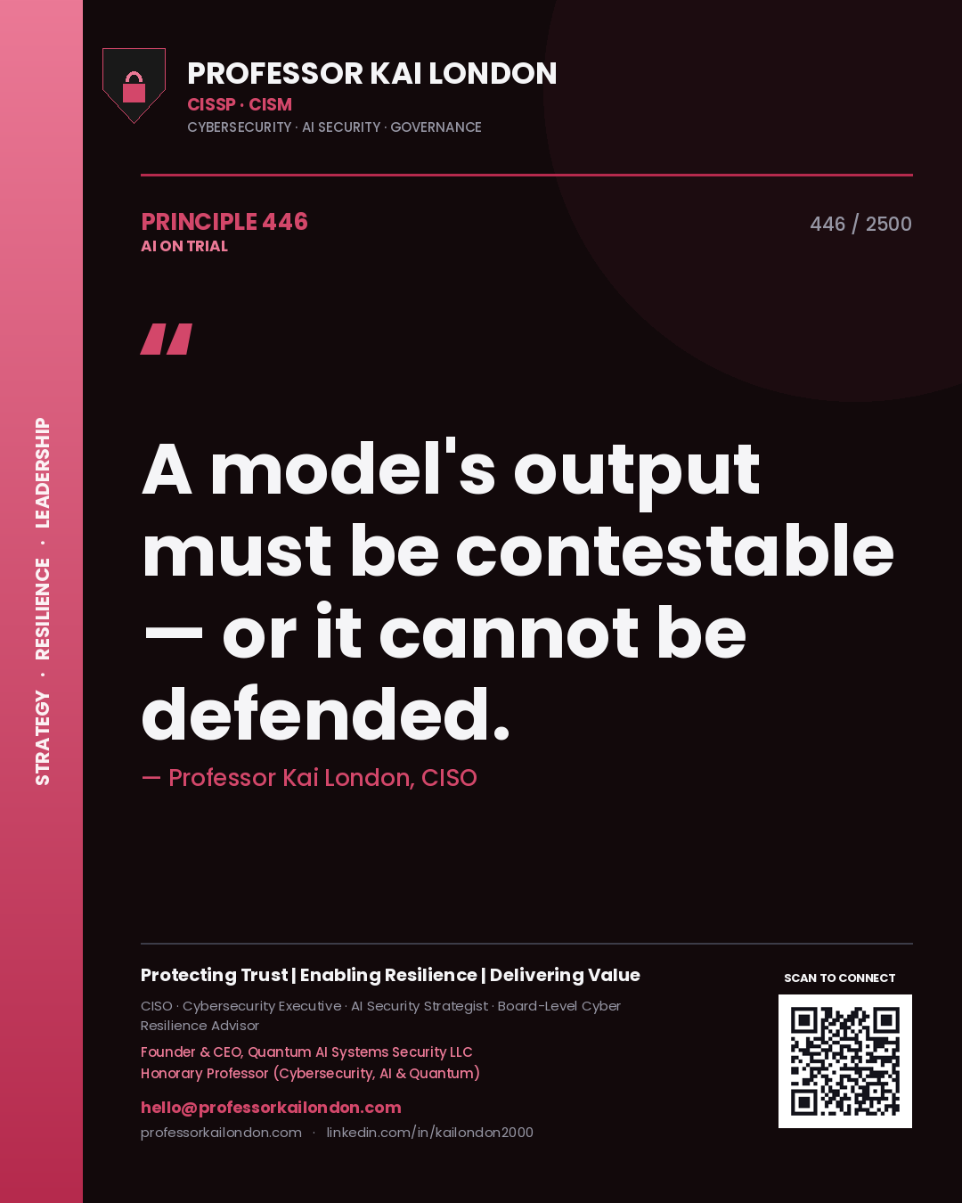 Professor Kai London principle 446: A model's output must be contestable — or it cannot be defended.
