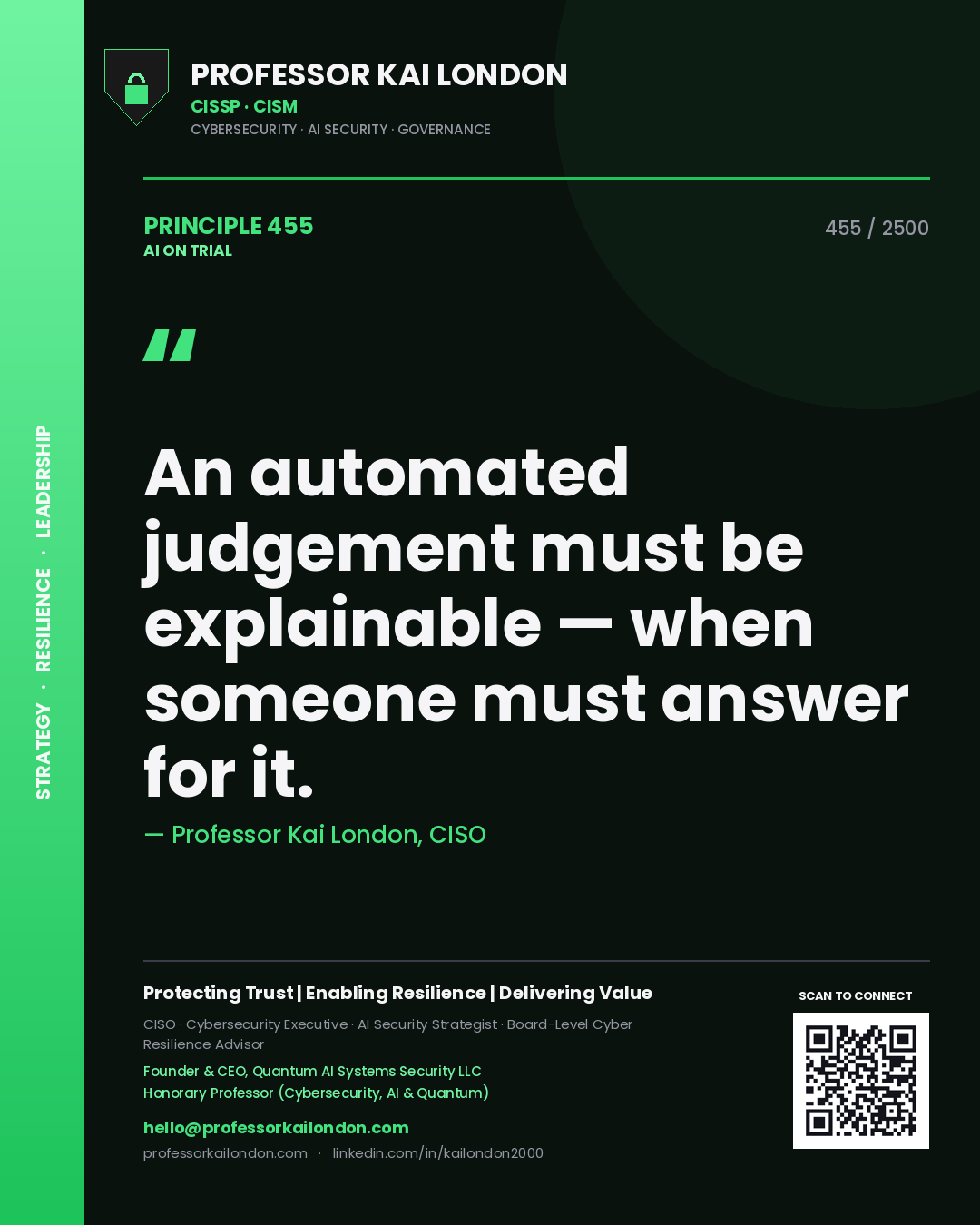Professor Kai London principle 455: An automated judgement must be explainable — when someone must answer for it.