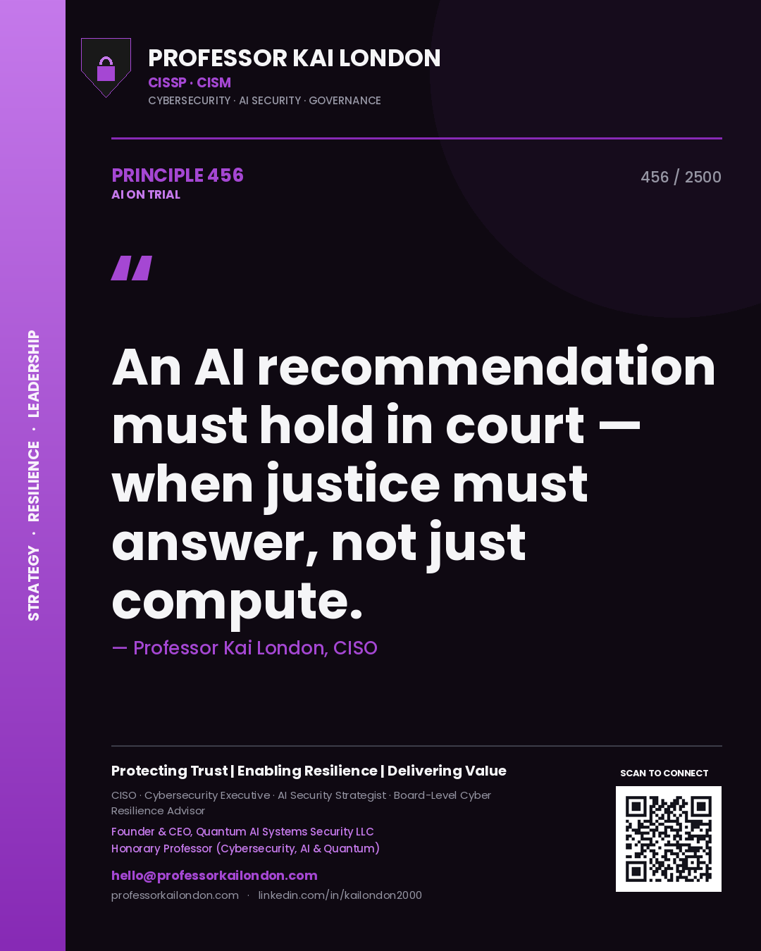 Professor Kai London principle 456: An AI recommendation must hold in court — when justice must answer, not just compute.