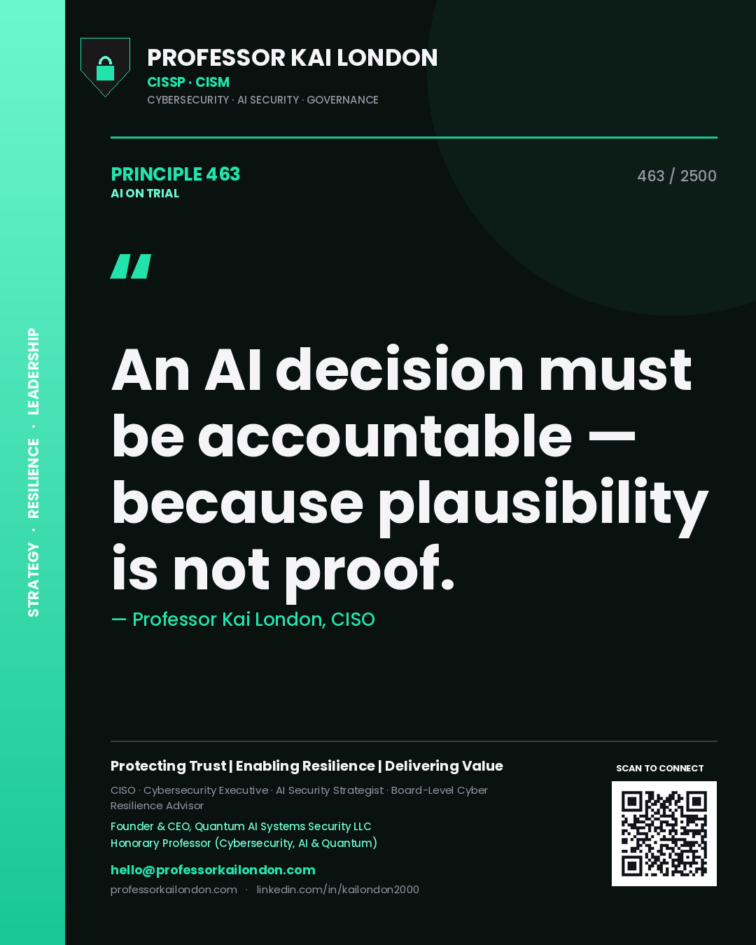 Professor Kai London principle 463: An AI decision must be accountable — because plausibility is not proof.