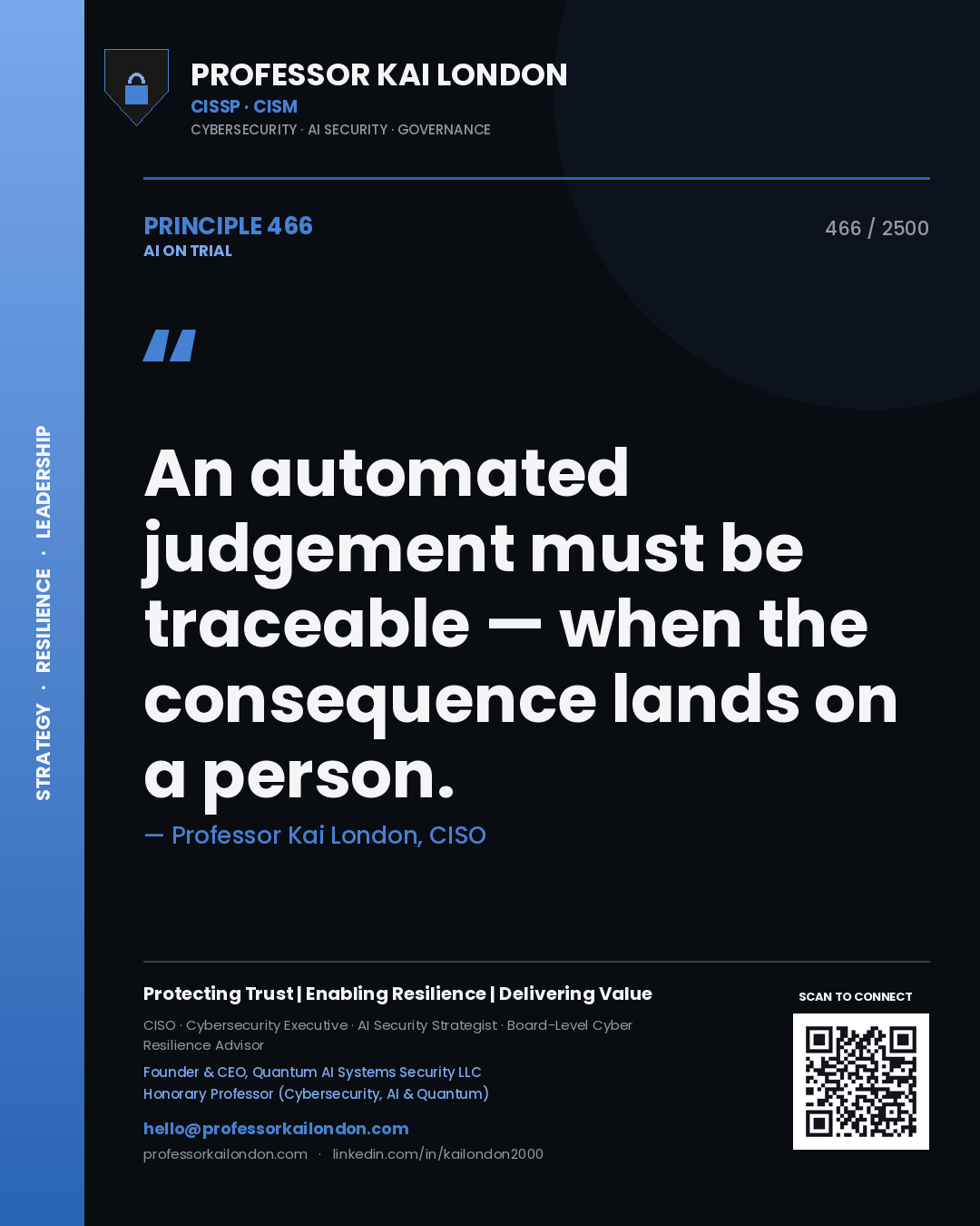 Professor Kai London principle 466: An automated judgement must be traceable — when the consequence lands on a person.