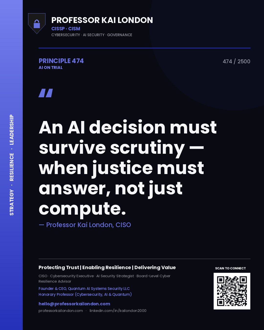 Professor Kai London principle 474: An AI decision must survive scrutiny — when justice must answer, not just compute.