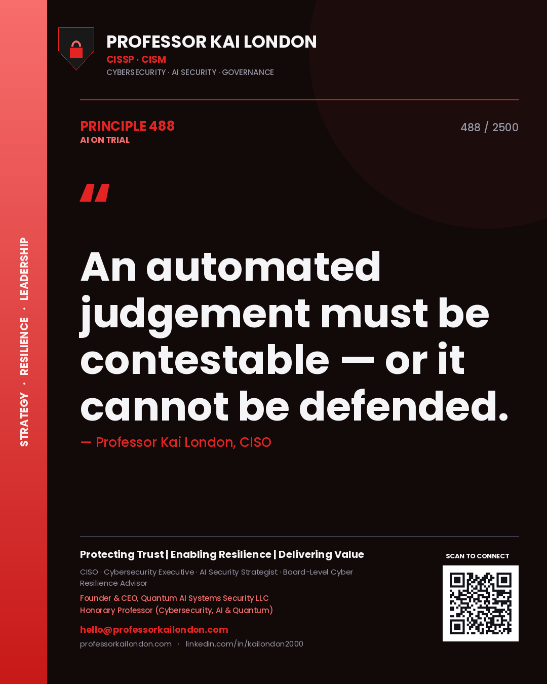 Professor Kai London principle 488: An automated judgement must be contestable — or it cannot be defended.