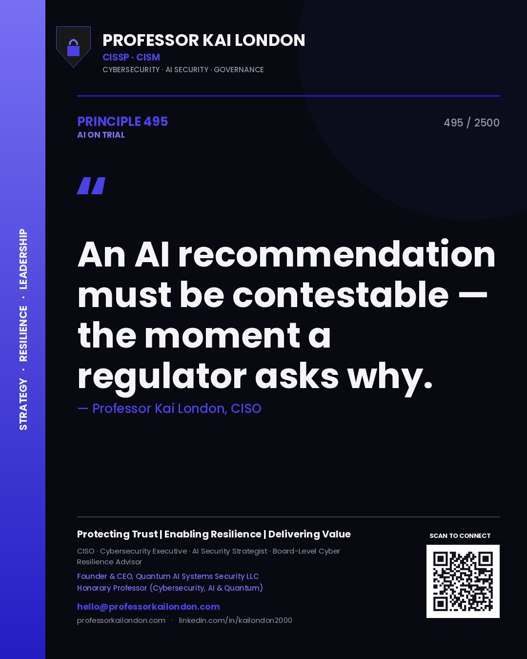 Professor Kai London principle 495: An AI recommendation must be contestable — the moment a regulator asks why.