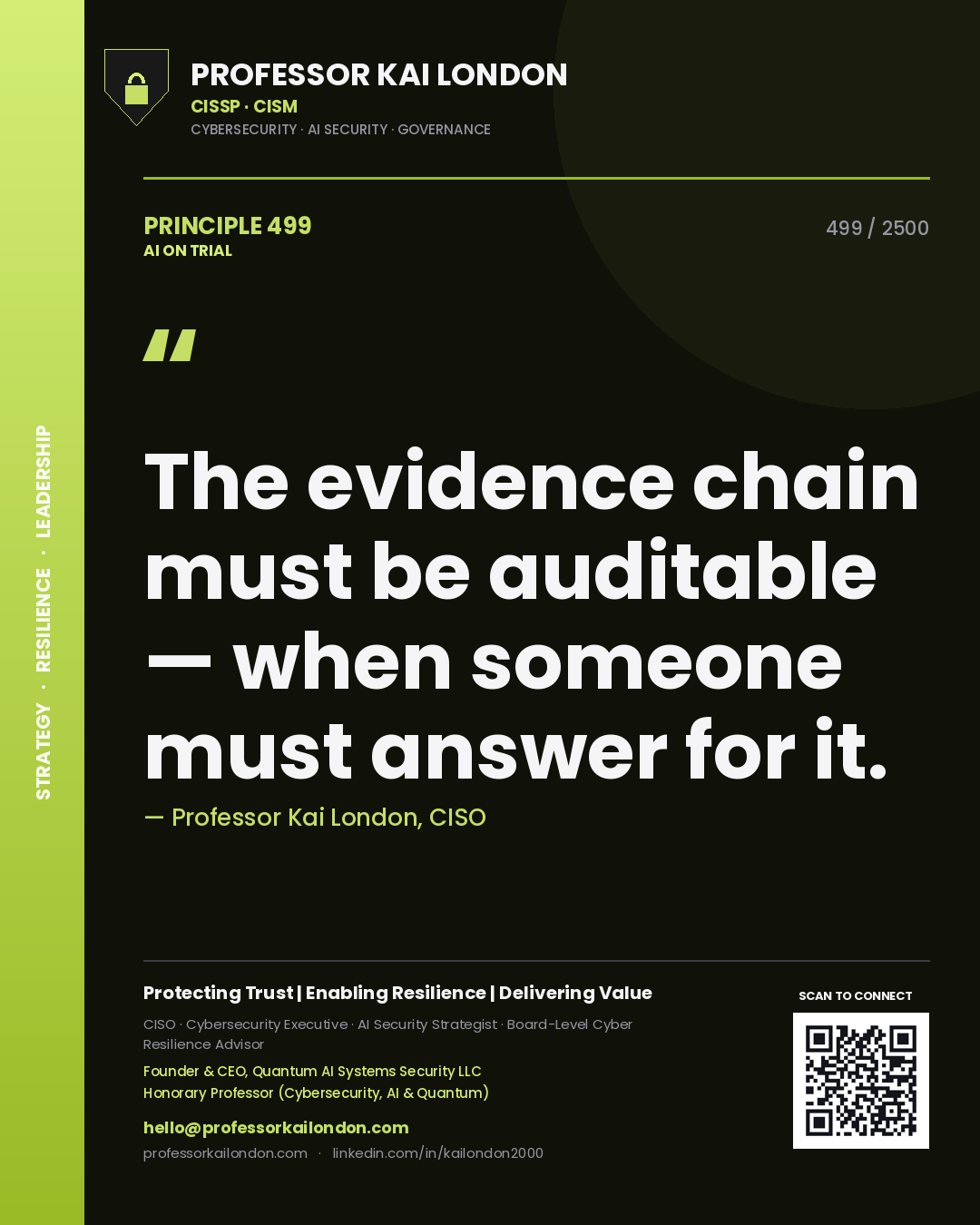 Professor Kai London principle 499: The evidence chain must be auditable — when someone must answer for it.