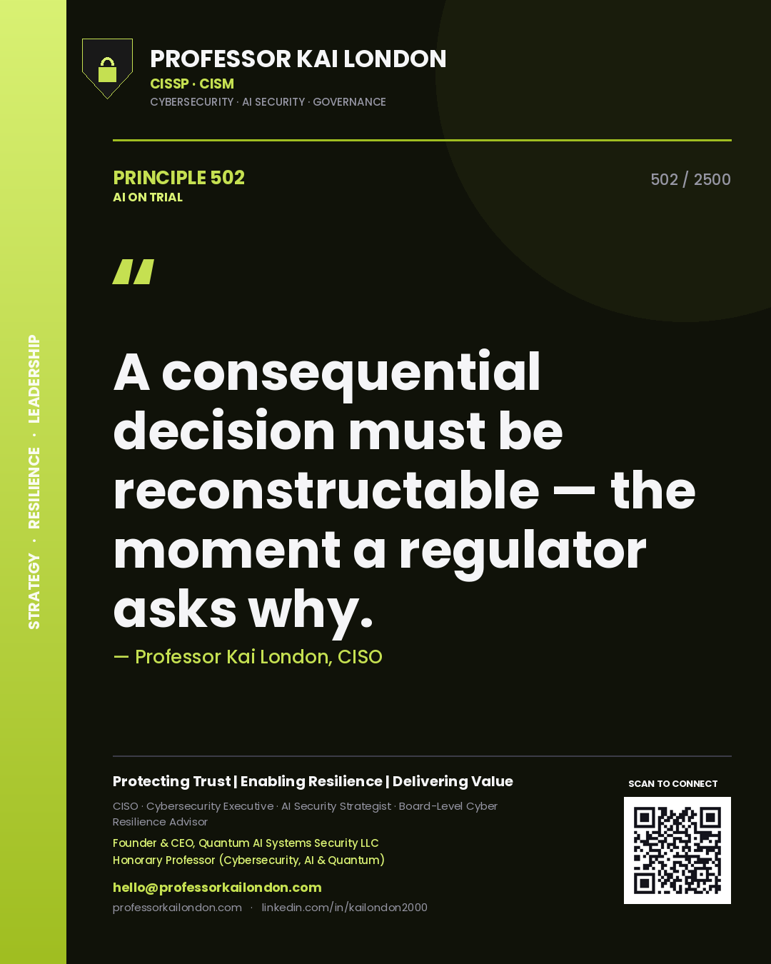 Professor Kai London principle 502: A consequential decision must be reconstructable — the moment a regulator asks why.
