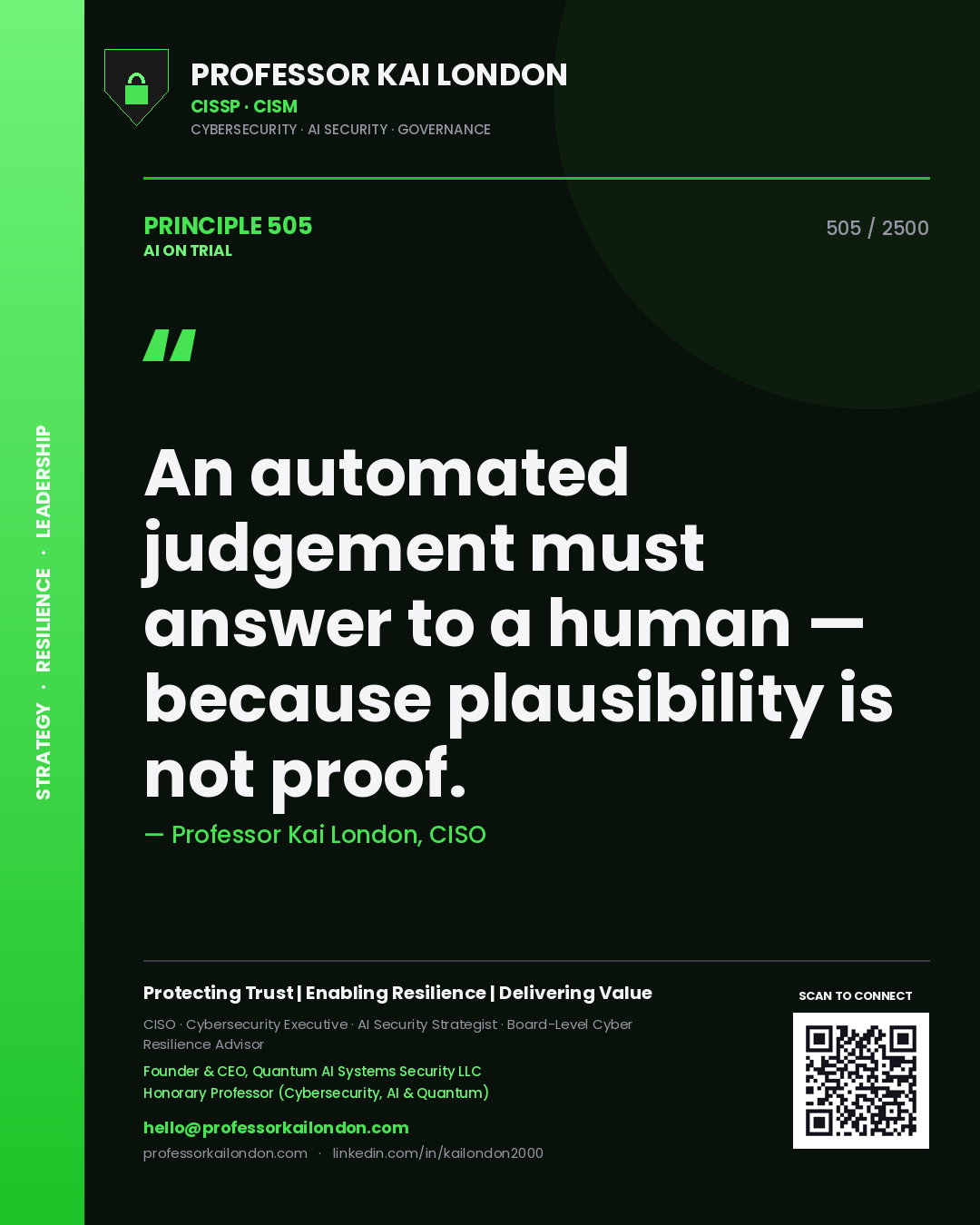 Professor Kai London principle 505: An automated judgement must answer to a human — because plausibility is not proof.