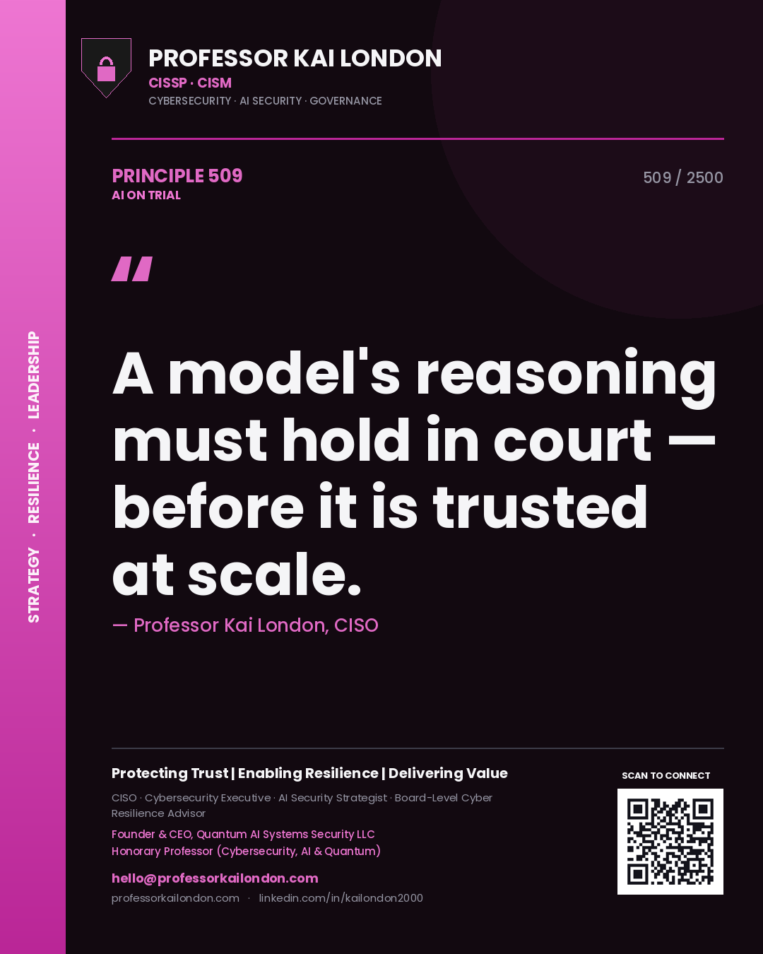 Professor Kai London principle 509: A model's reasoning must hold in court — before it is trusted at scale.
