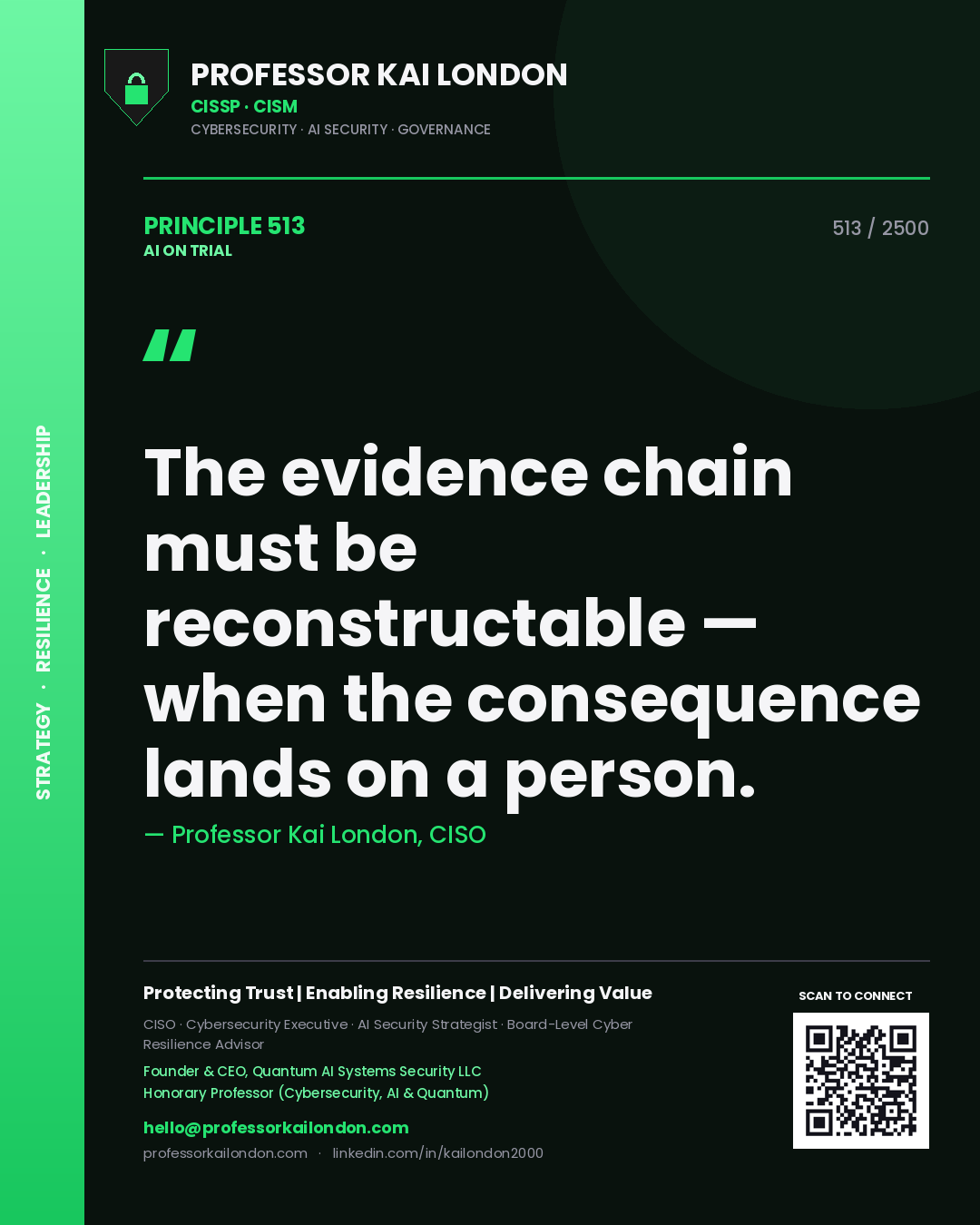Professor Kai London principle 513: The evidence chain must be reconstructable — when the consequence lands on a person.