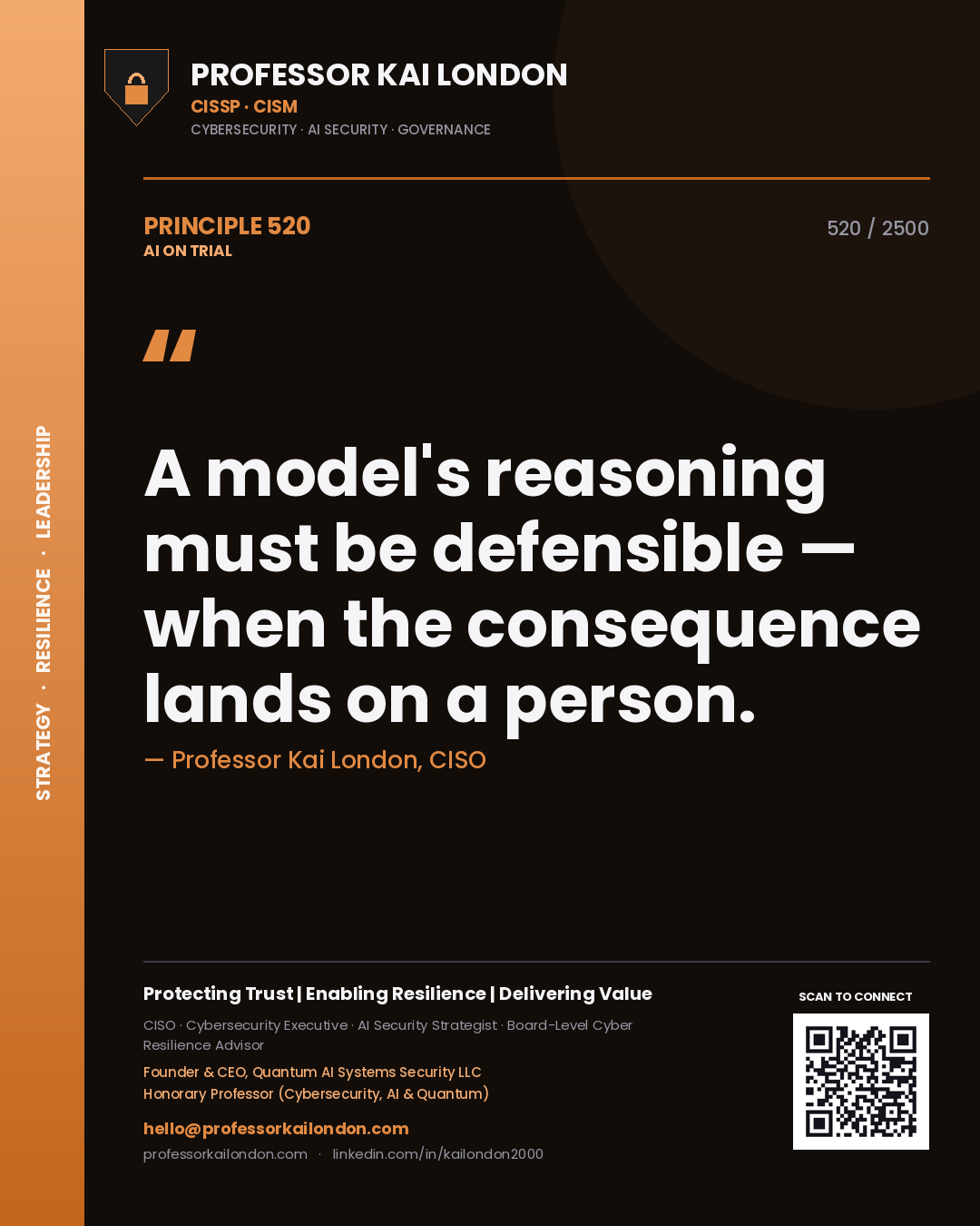 Professor Kai London principle 520: A model's reasoning must be defensible — when the consequence lands on a person.