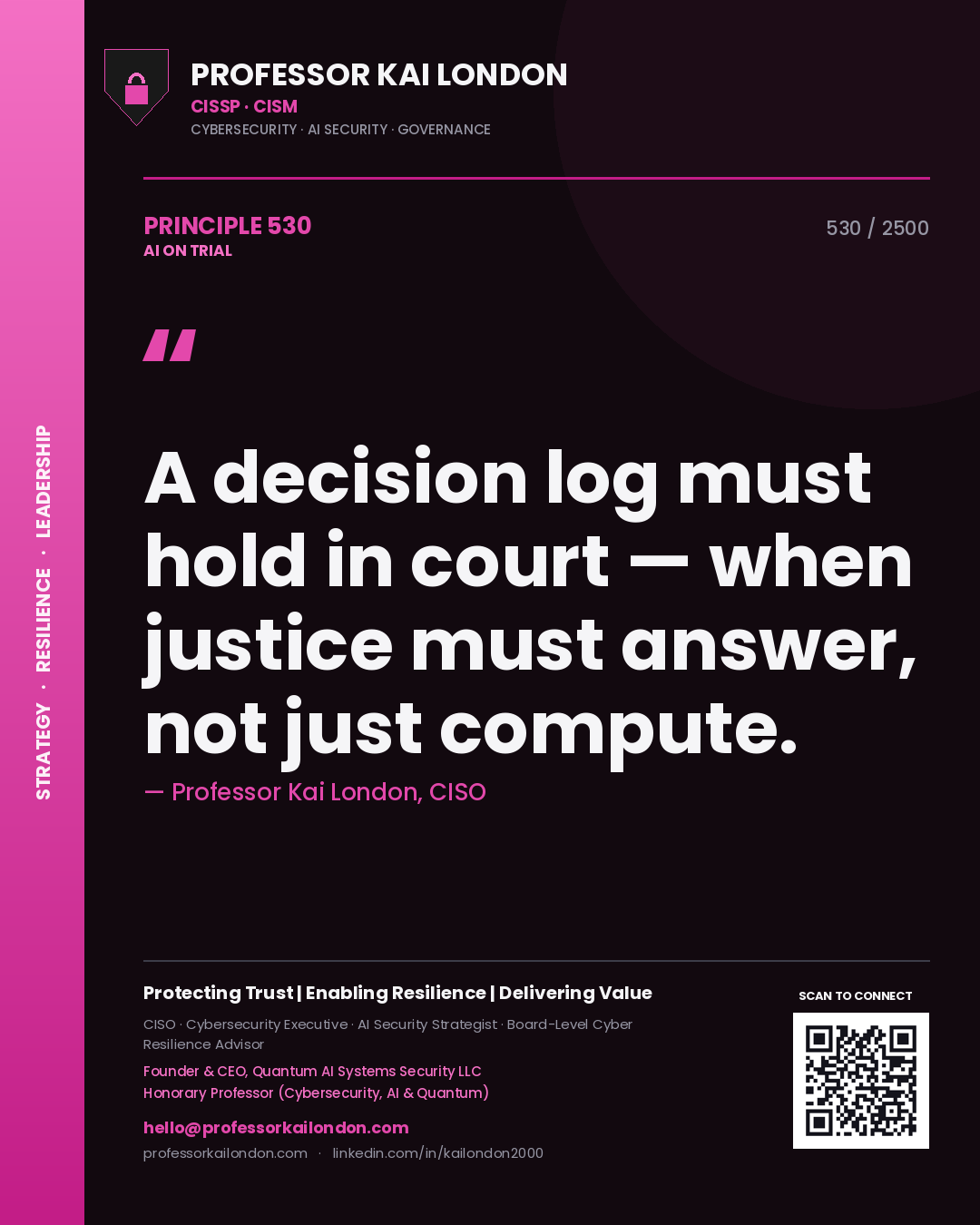 Professor Kai London principle 530: A decision log must hold in court — when justice must answer, not just compute.