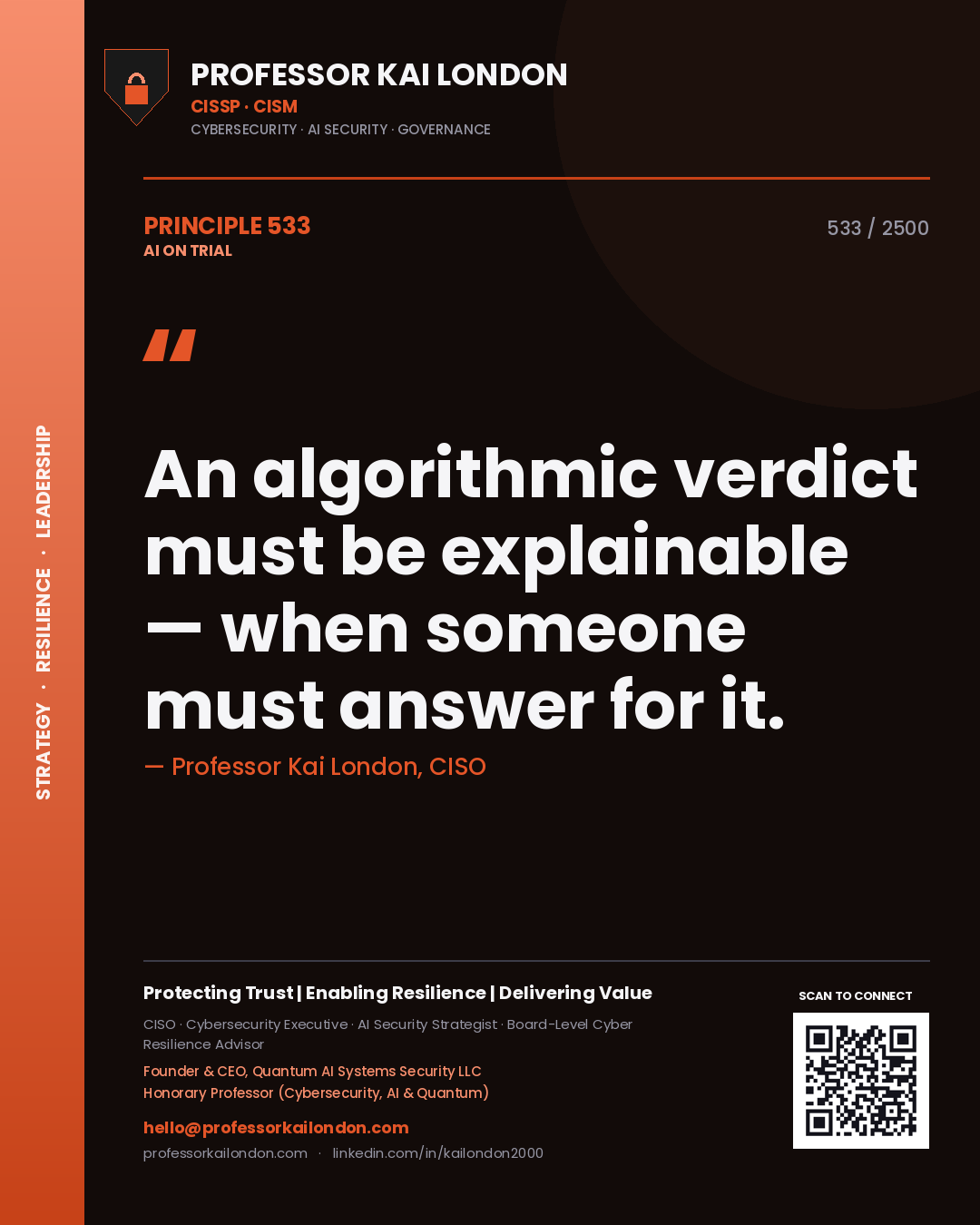 Professor Kai London principle 533: An algorithmic verdict must be explainable — when someone must answer for it.
