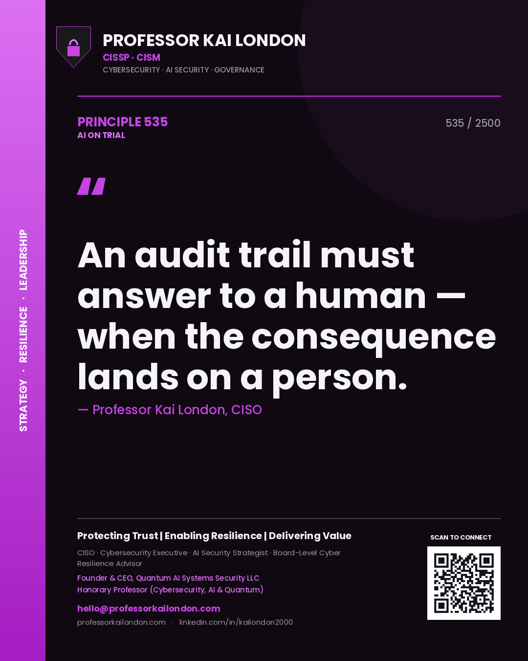 Professor Kai London principle 535: An audit trail must answer to a human — when the consequence lands on a person.