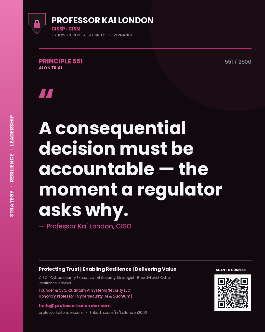 Professor Kai London principle 551: A consequential decision must be accountable — the moment a regulator asks why.