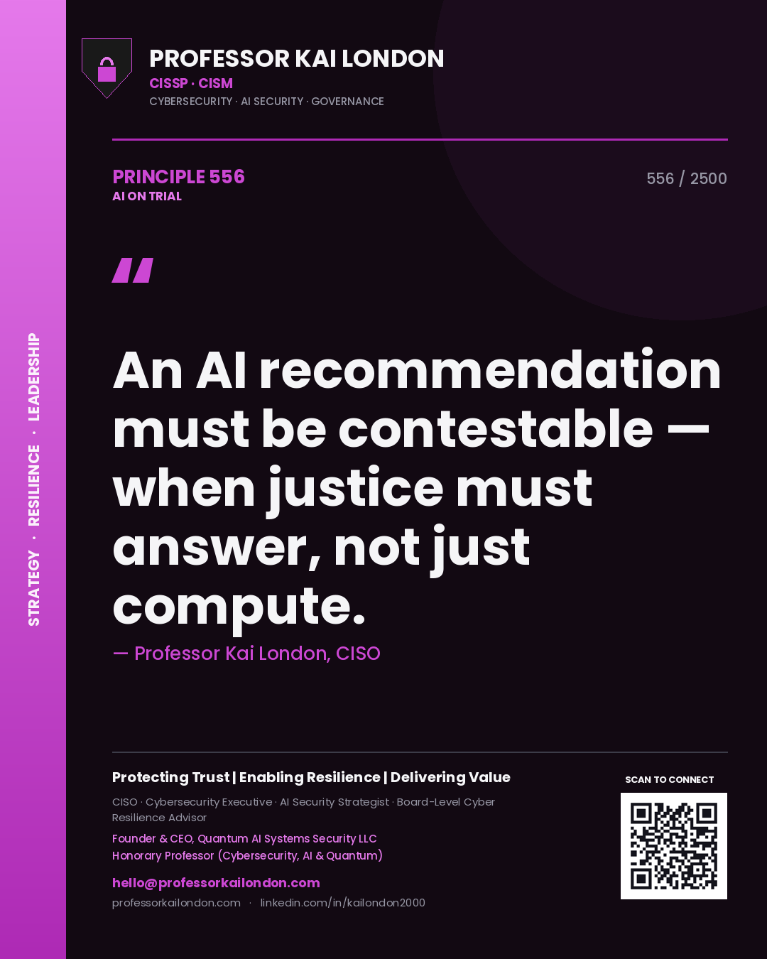 Professor Kai London principle 556: An AI recommendation must be contestable — when justice must answer, not just compute.