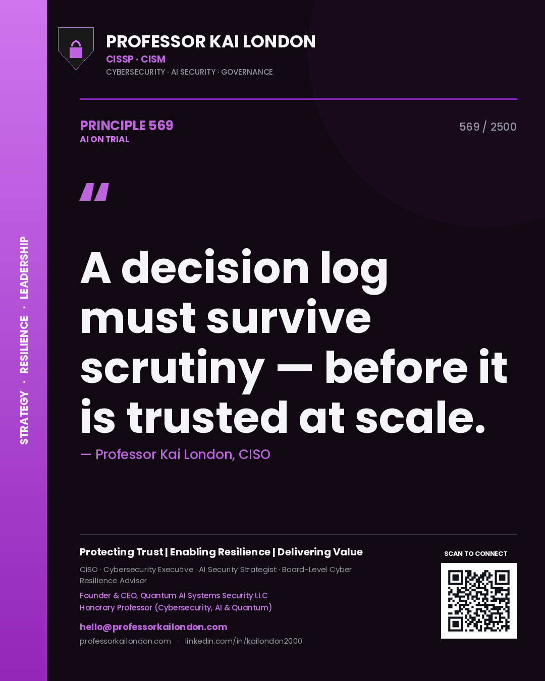 Professor Kai London principle 569: A decision log must survive scrutiny — before it is trusted at scale.
