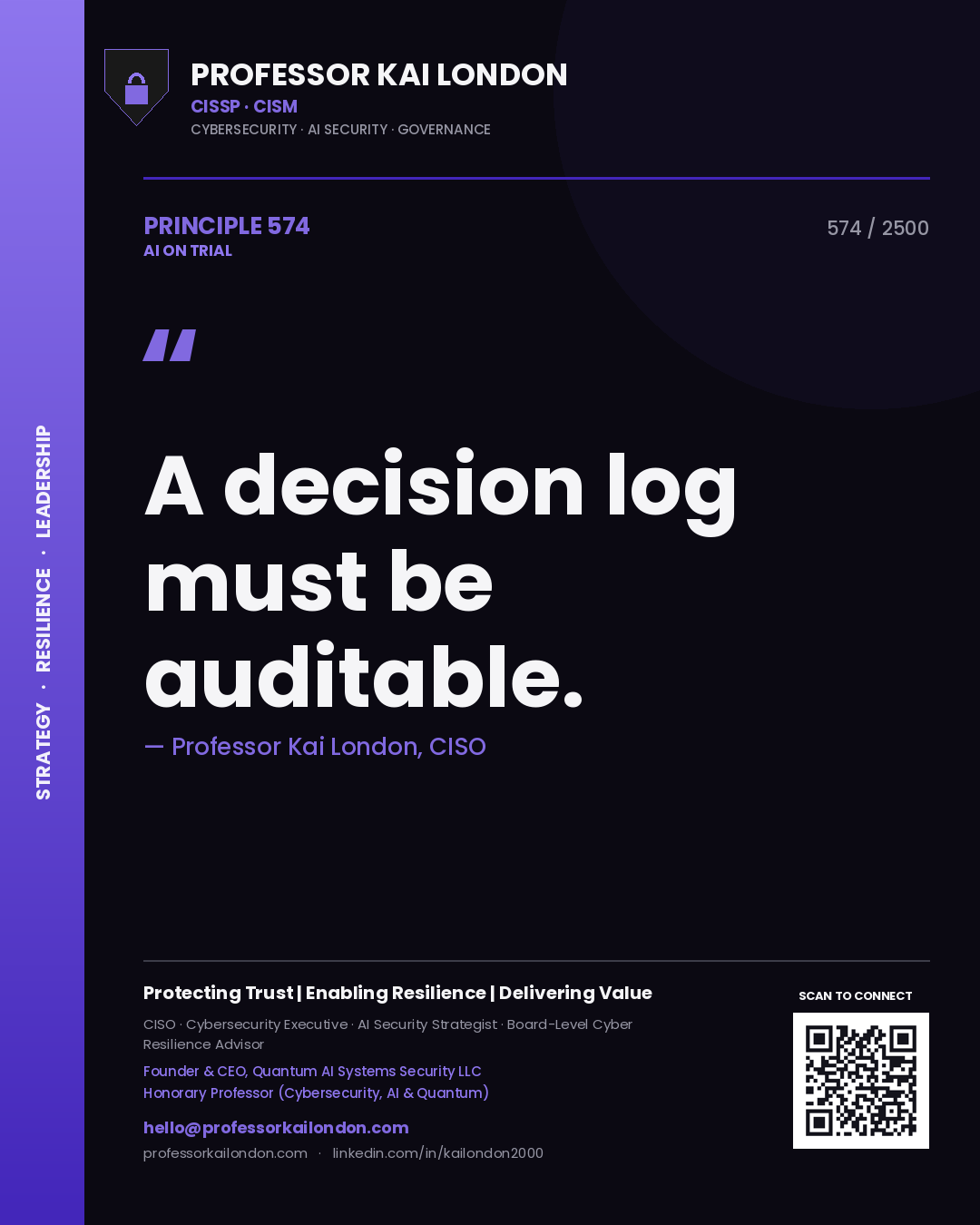 Professor Kai London principle 574: A decision log must be auditable.