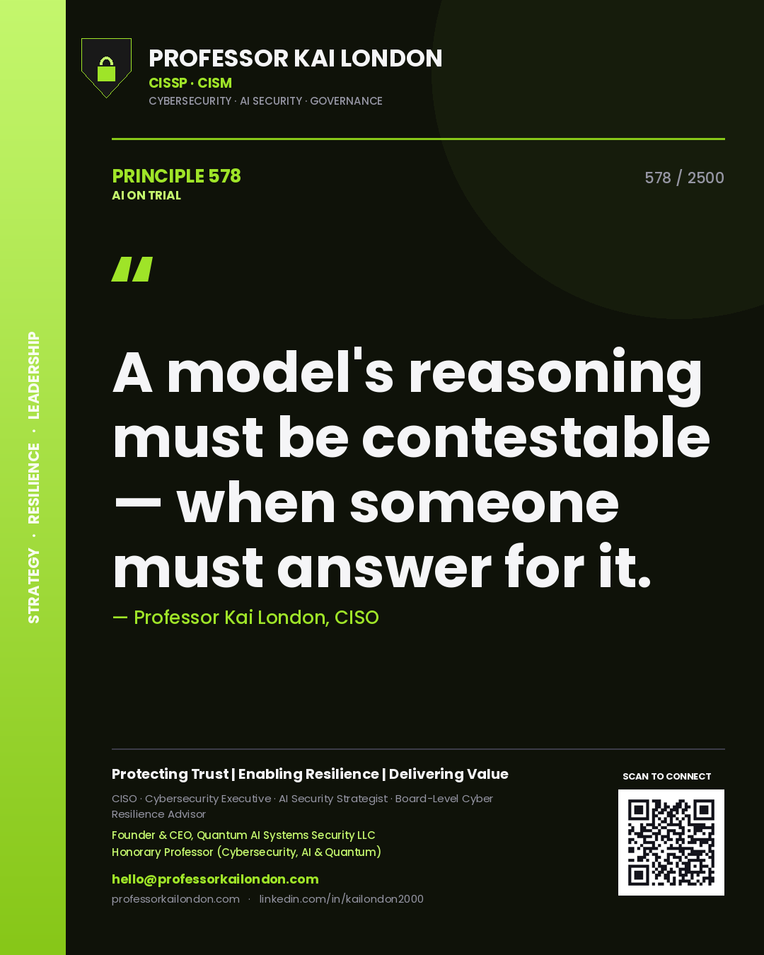 Professor Kai London principle 578: A model's reasoning must be contestable — when someone must answer for it.