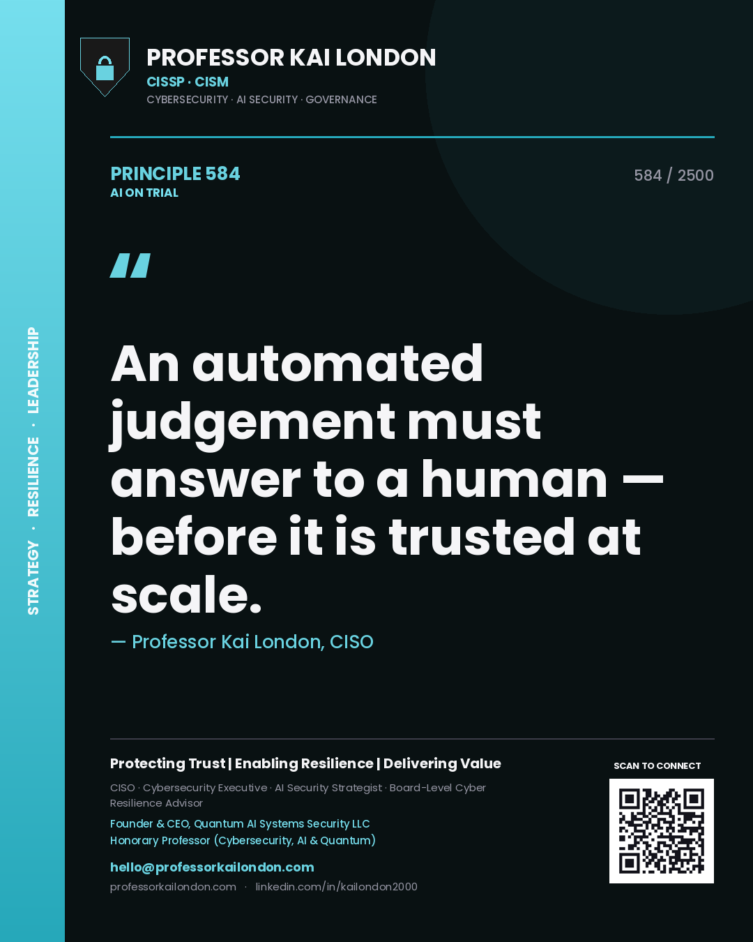 Professor Kai London principle 584: An automated judgement must answer to a human — before it is trusted at scale.