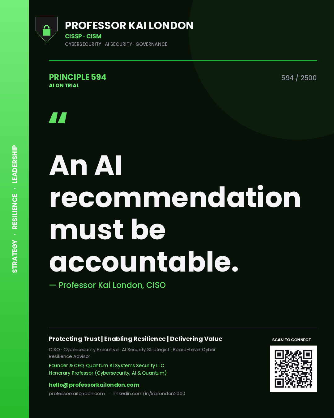 Professor Kai London principle 594: An AI recommendation must be accountable.