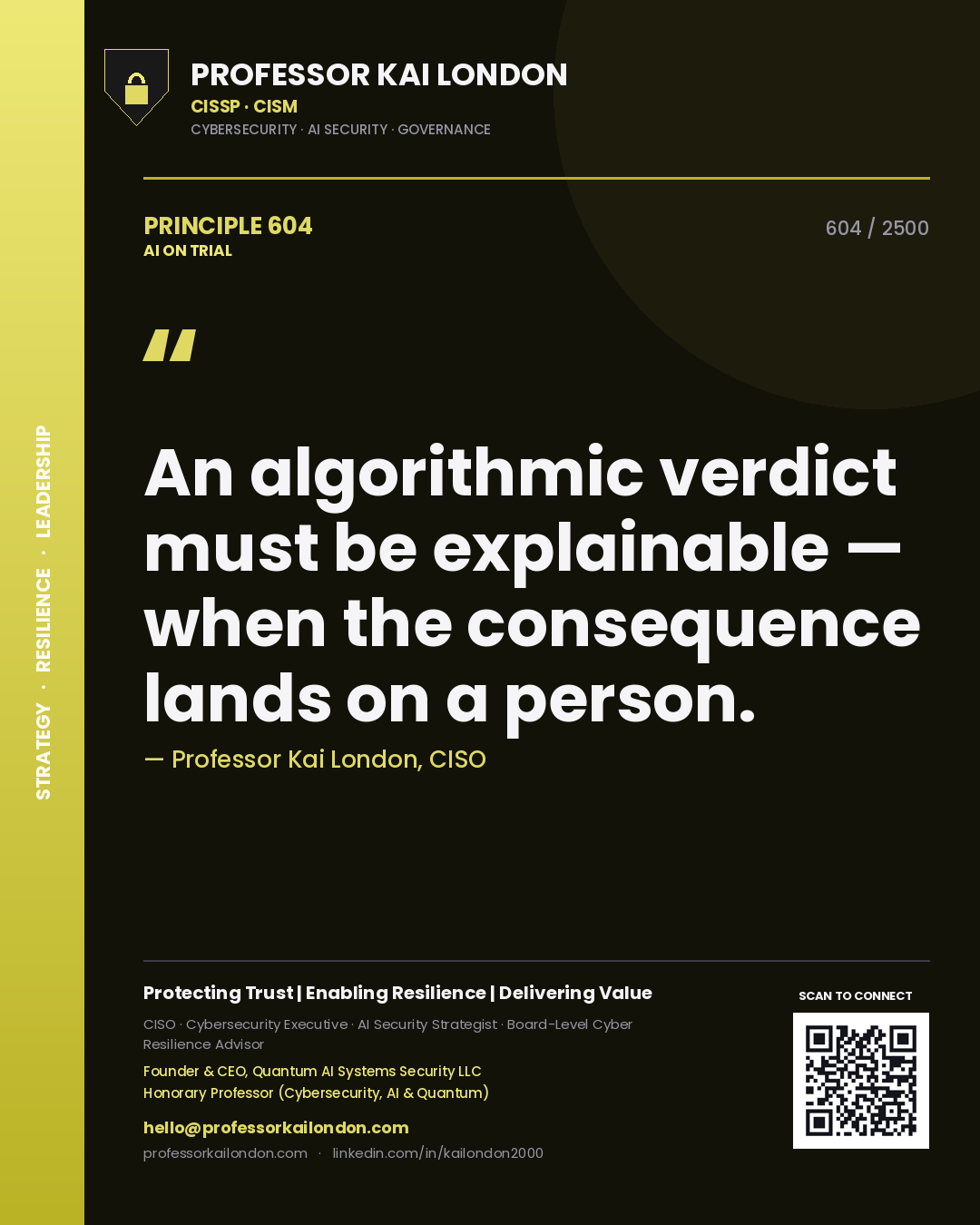 Professor Kai London principle 604: An algorithmic verdict must be explainable — when the consequence lands on a person.