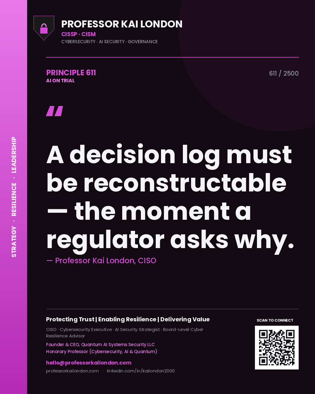 Professor Kai London principle 611: A decision log must be reconstructable — the moment a regulator asks why.