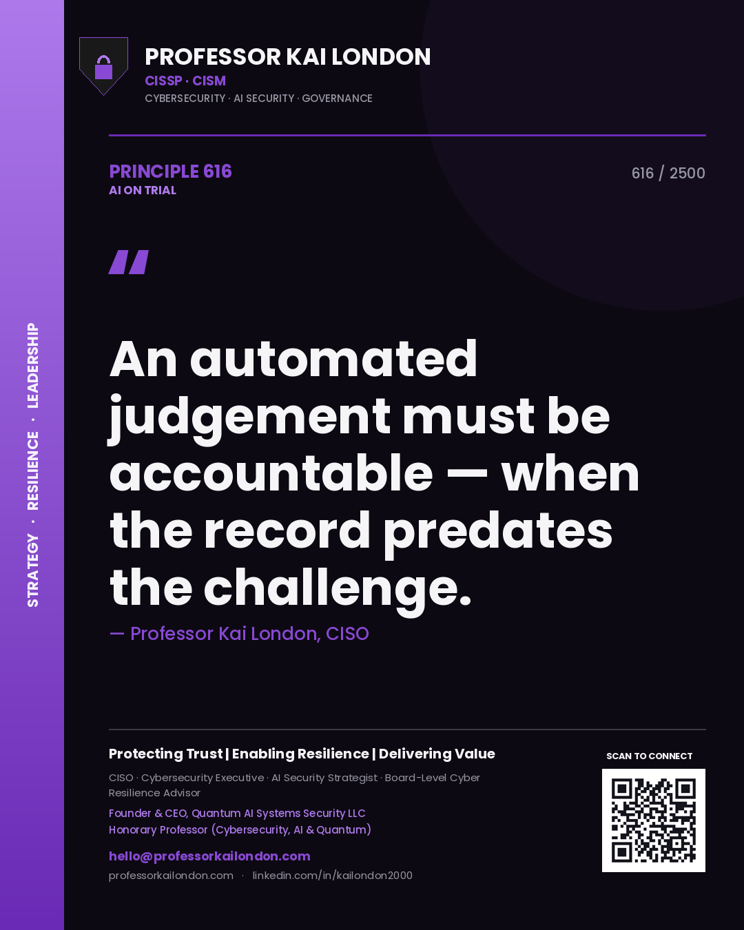 Professor Kai London principle 616: An automated judgement must be accountable — when the record predates the challenge.
