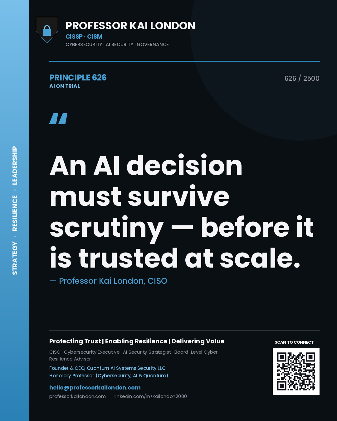 Professor Kai London principle 626: An AI decision must survive scrutiny — before it is trusted at scale.