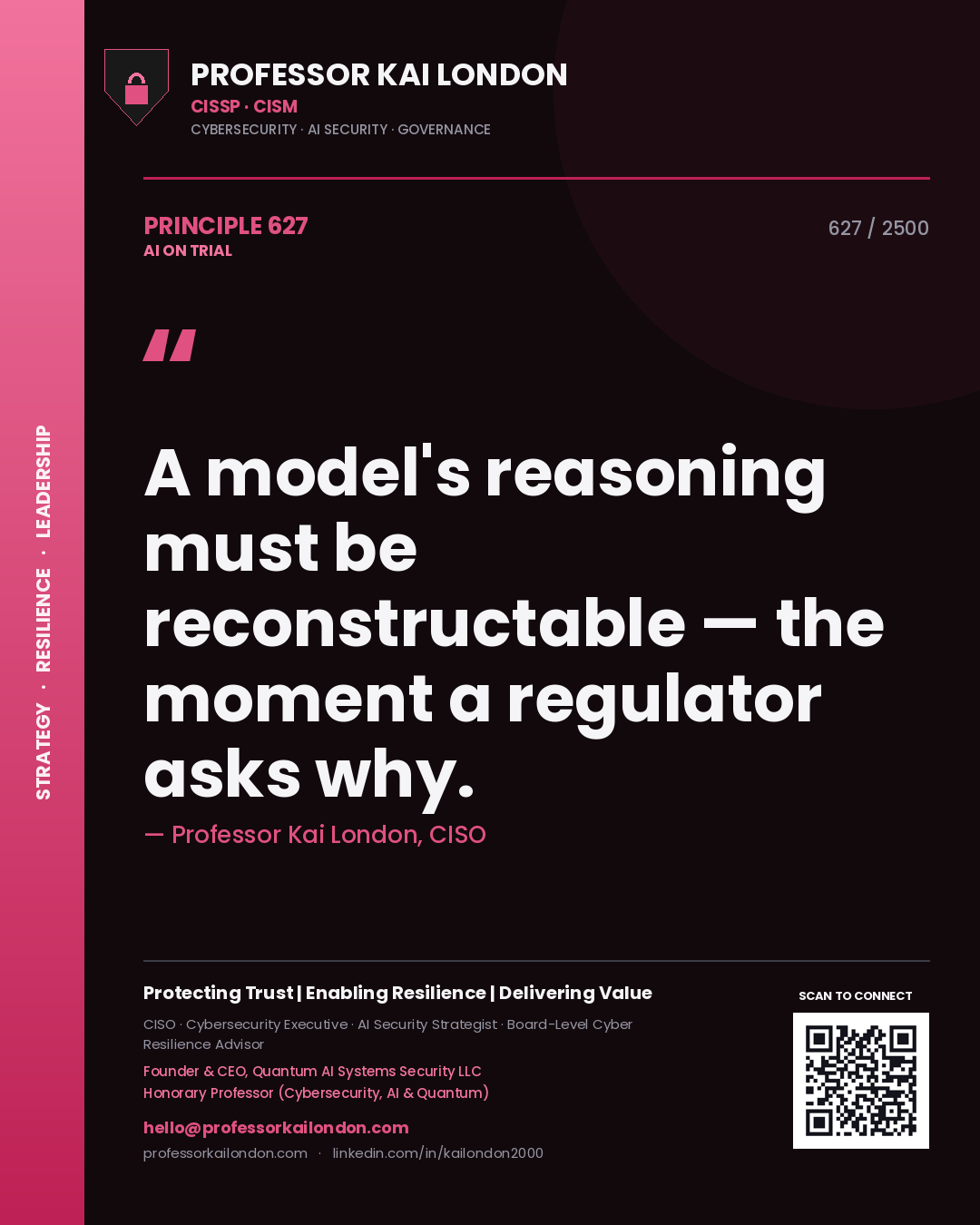 Professor Kai London principle 627: A model's reasoning must be reconstructable — the moment a regulator asks why.