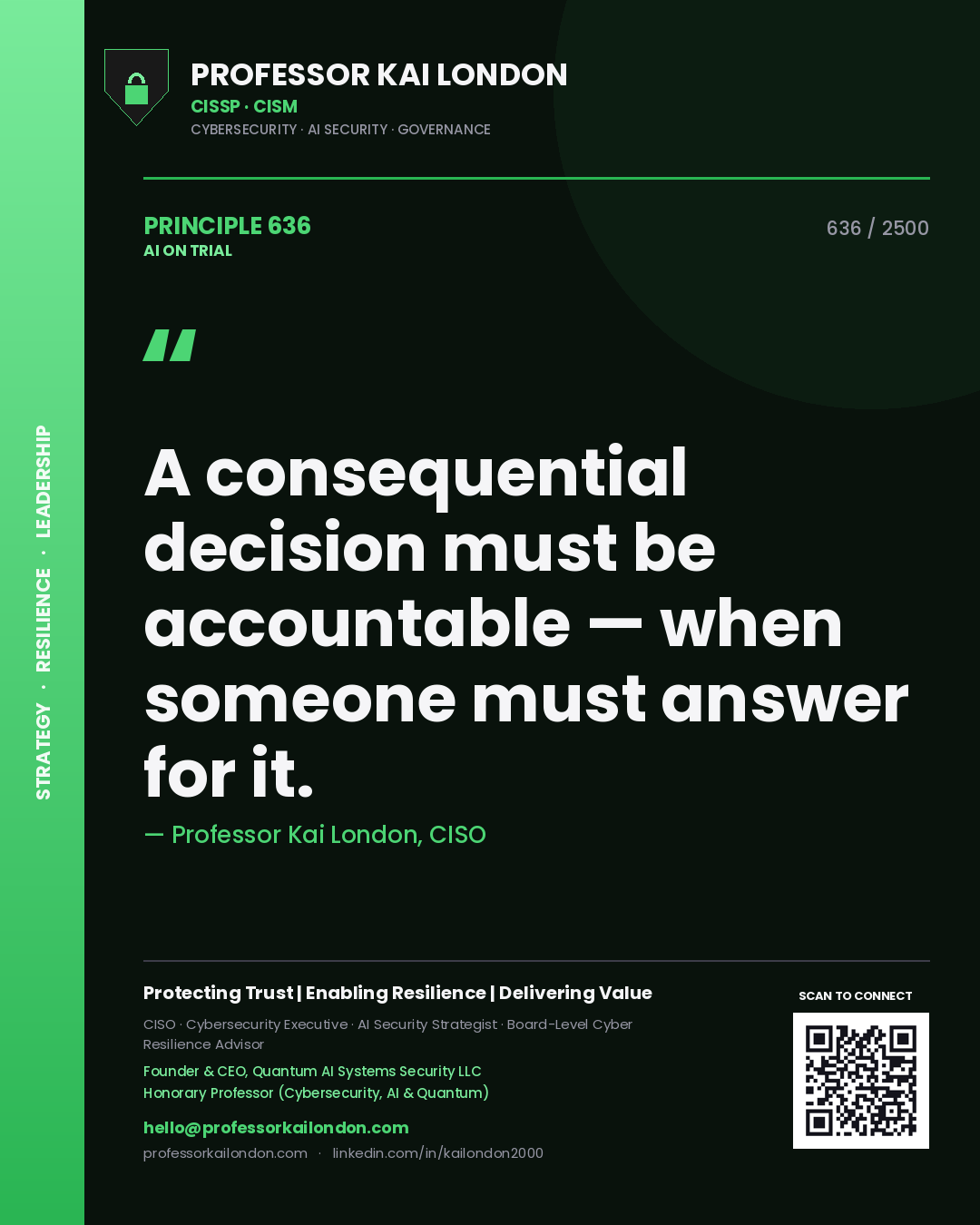 Professor Kai London principle 636: A consequential decision must be accountable — when someone must answer for it.