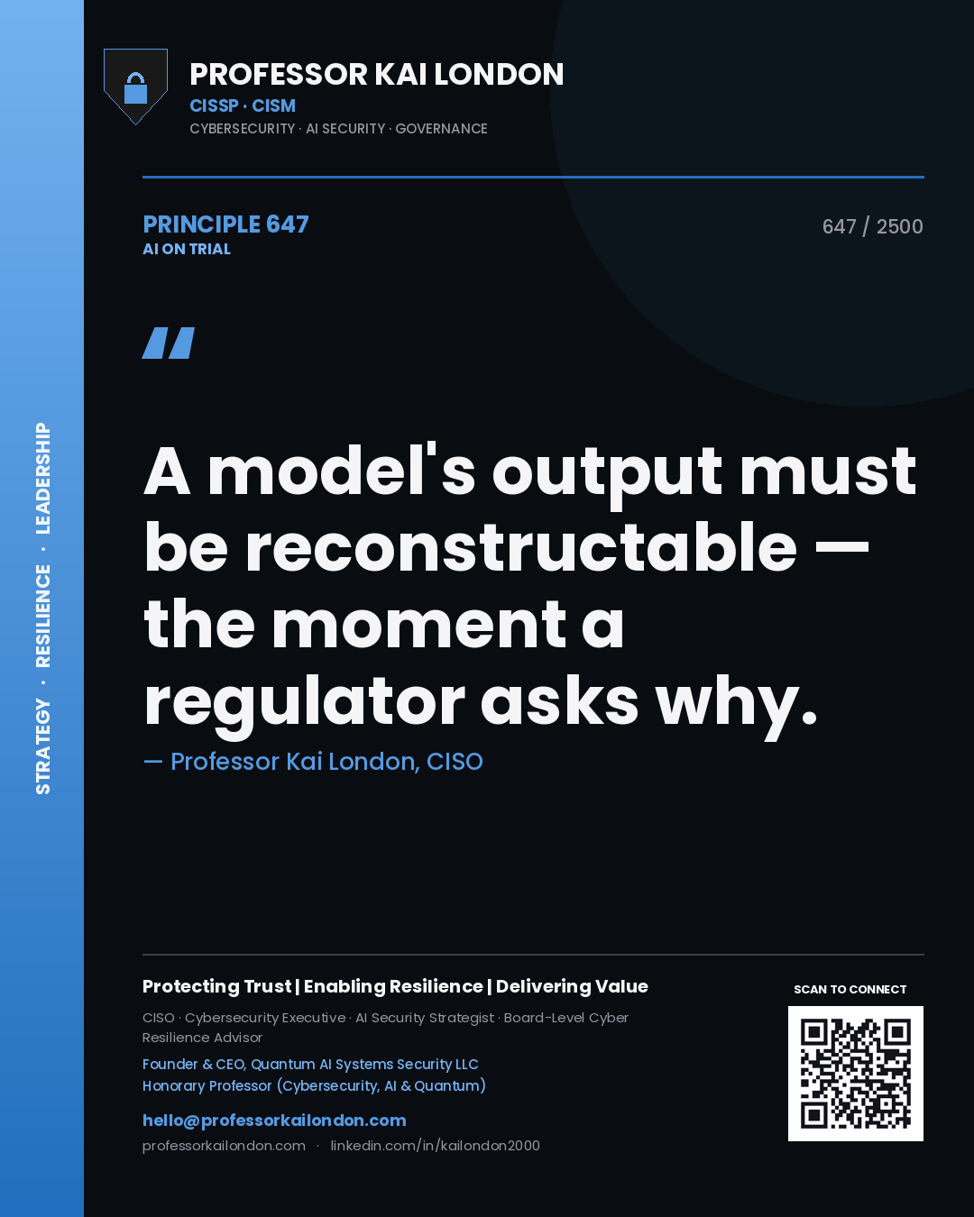 Professor Kai London principle 647: A model's output must be reconstructable — the moment a regulator asks why.
