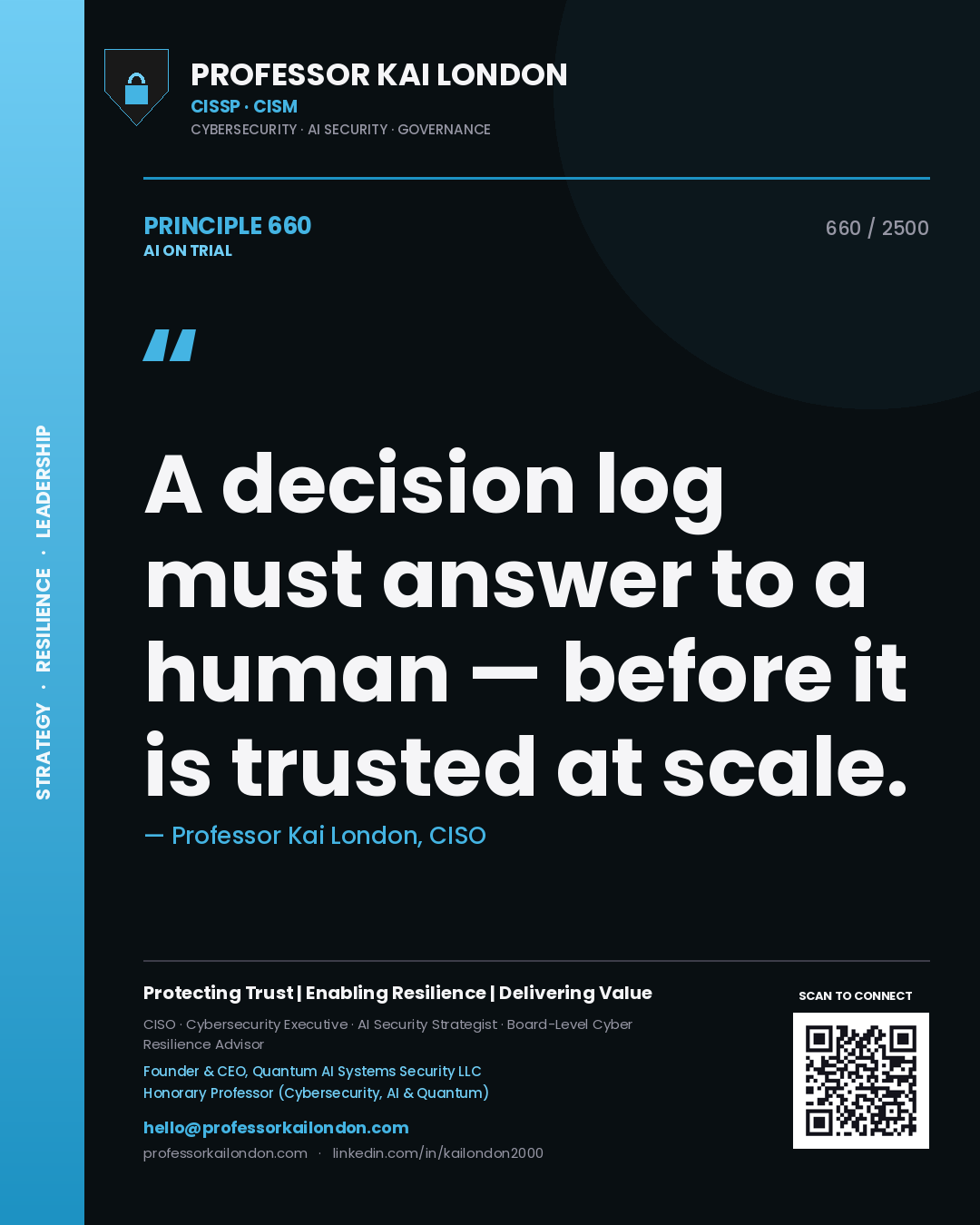 Professor Kai London principle 660: A decision log must answer to a human — before it is trusted at scale.